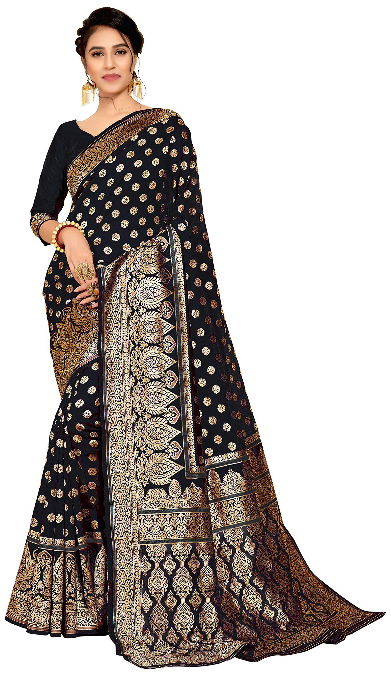 KEDARFABWomen's Banarasi Silk Saree With Blouse Piece (BLACK MINAXI SAREE_Black)