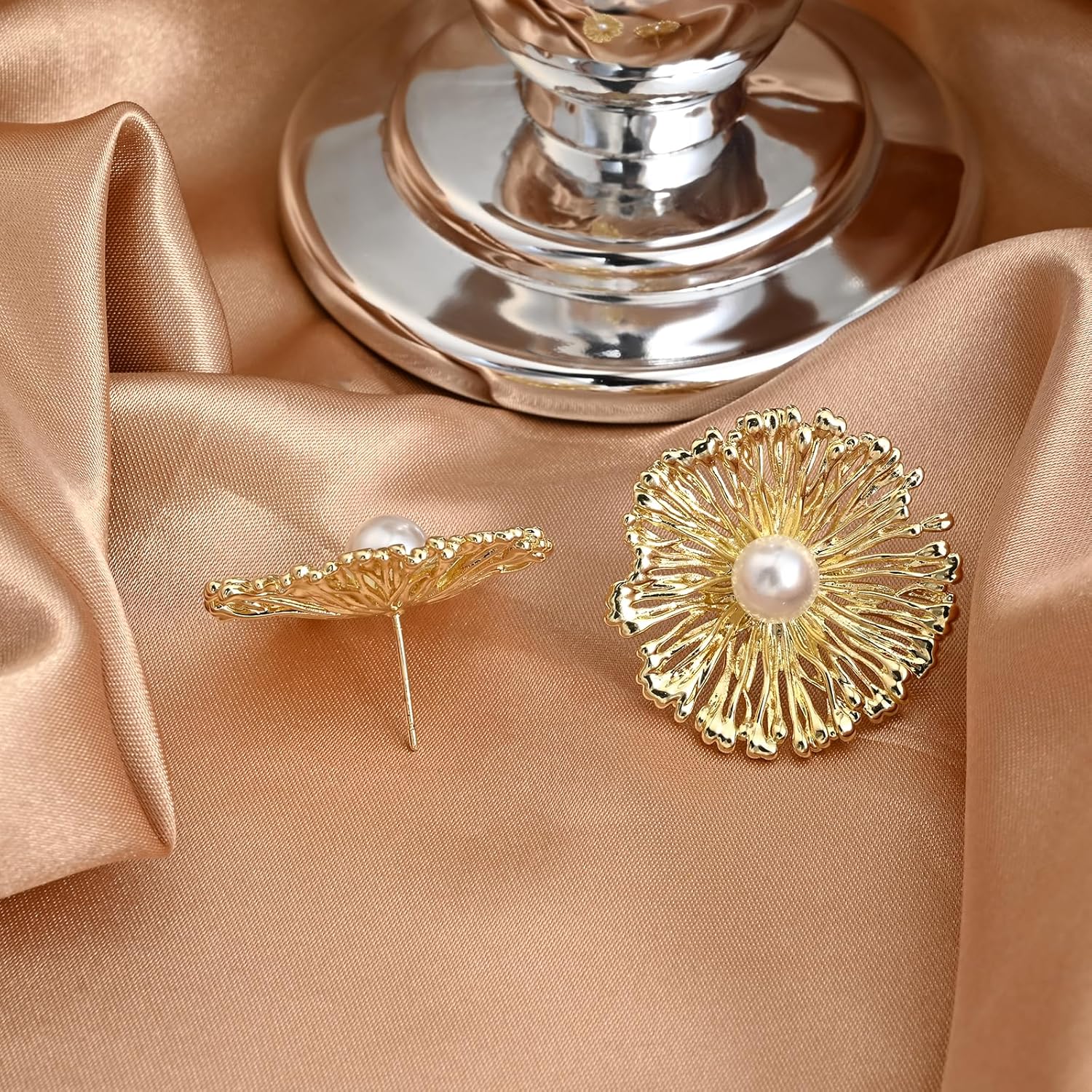 14K Gold Plated Flower Pearl Stud Earrings Floral Round Circle Plated Earrings for Women - Image 5