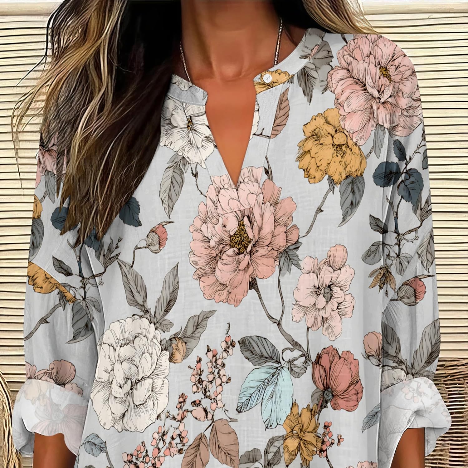 Plus Size Boho Tops for Women Roll Up Long Sleeve V Neck Loose Fit Blouses Casual Floral Print Soft Flowy Spring Tees - Image 3