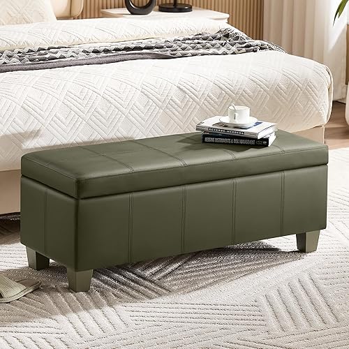 41" Faux Leather Storage Ottoman, Stitch Tufted Rectangle Upholstered End