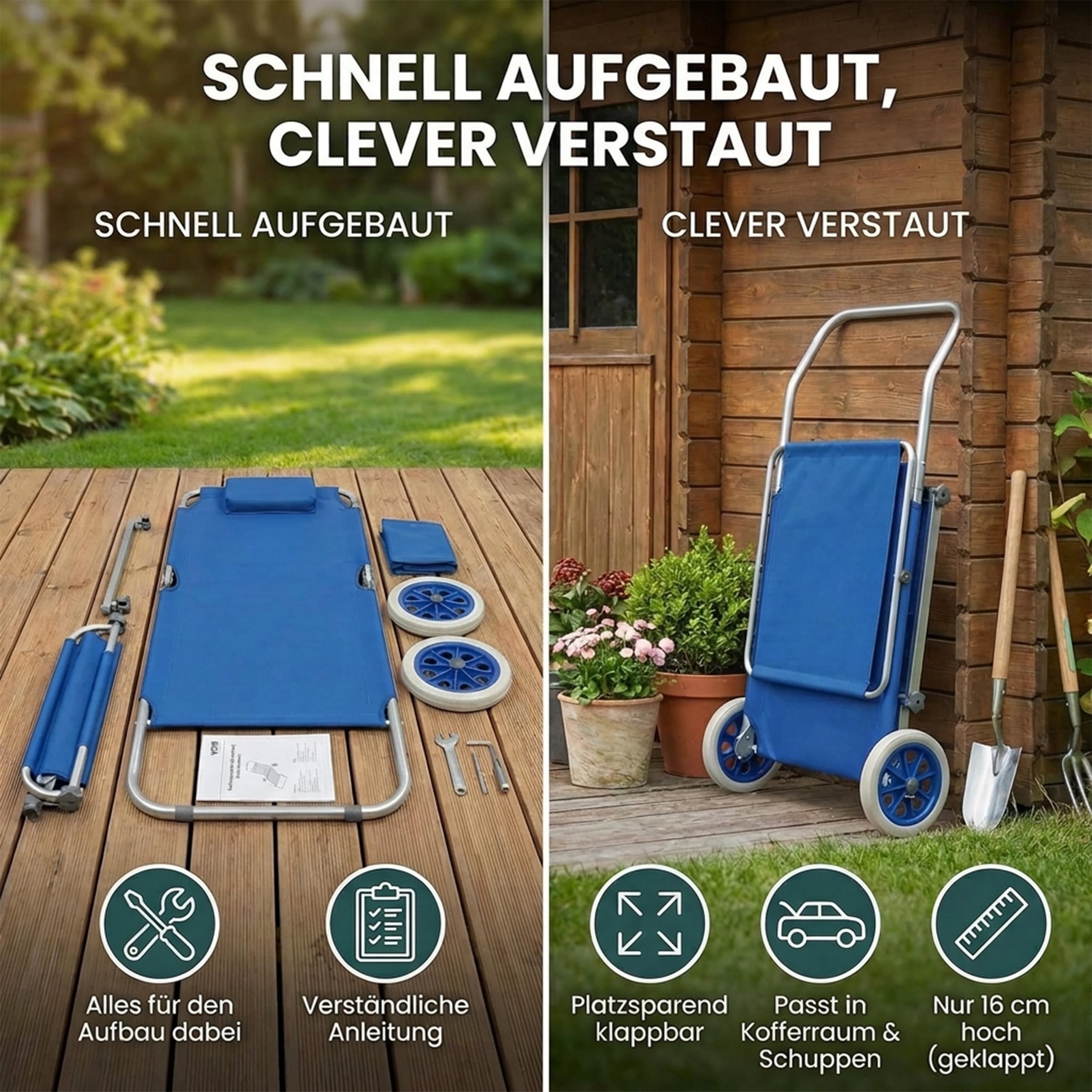 VCM Sonnenliege klappbar | Maße ca. L. 165 x H. 16 x B. 65 cm | Gartenliege mit Rollen | leicht und kompakt | Liegestuhl mit Sonnendach