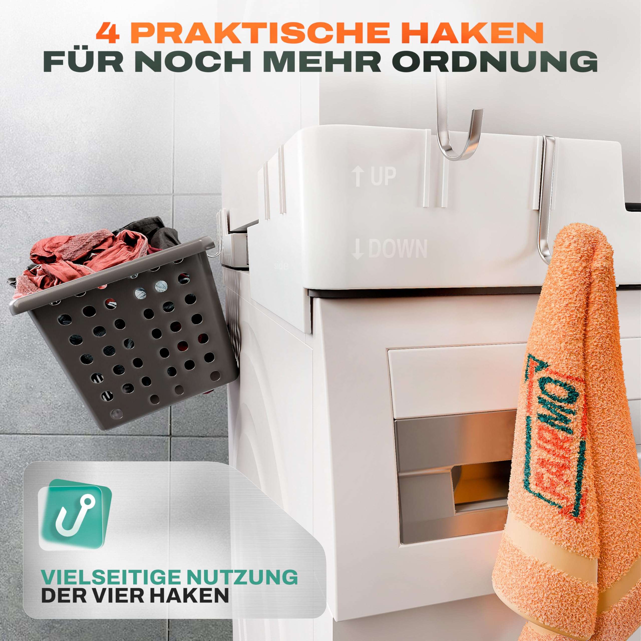 Der verstellbare Zwischenbaurahmen Trockner Waschmaschine (universal 46-66cm) inkl. 4x Haken - Waschmaschinen Verbindungsrahmen (400kg Belastung) - Trockner auf Waschmaschine stellen Verbindungsrahmen