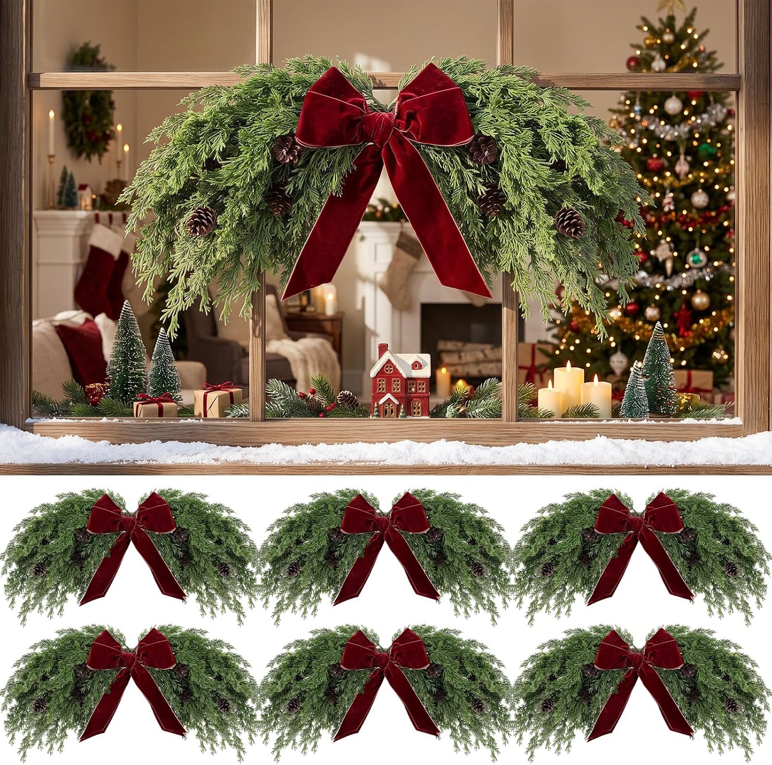 Suncalla 6 Pack 31.5" Christmas Swag Decoration, Burgundy