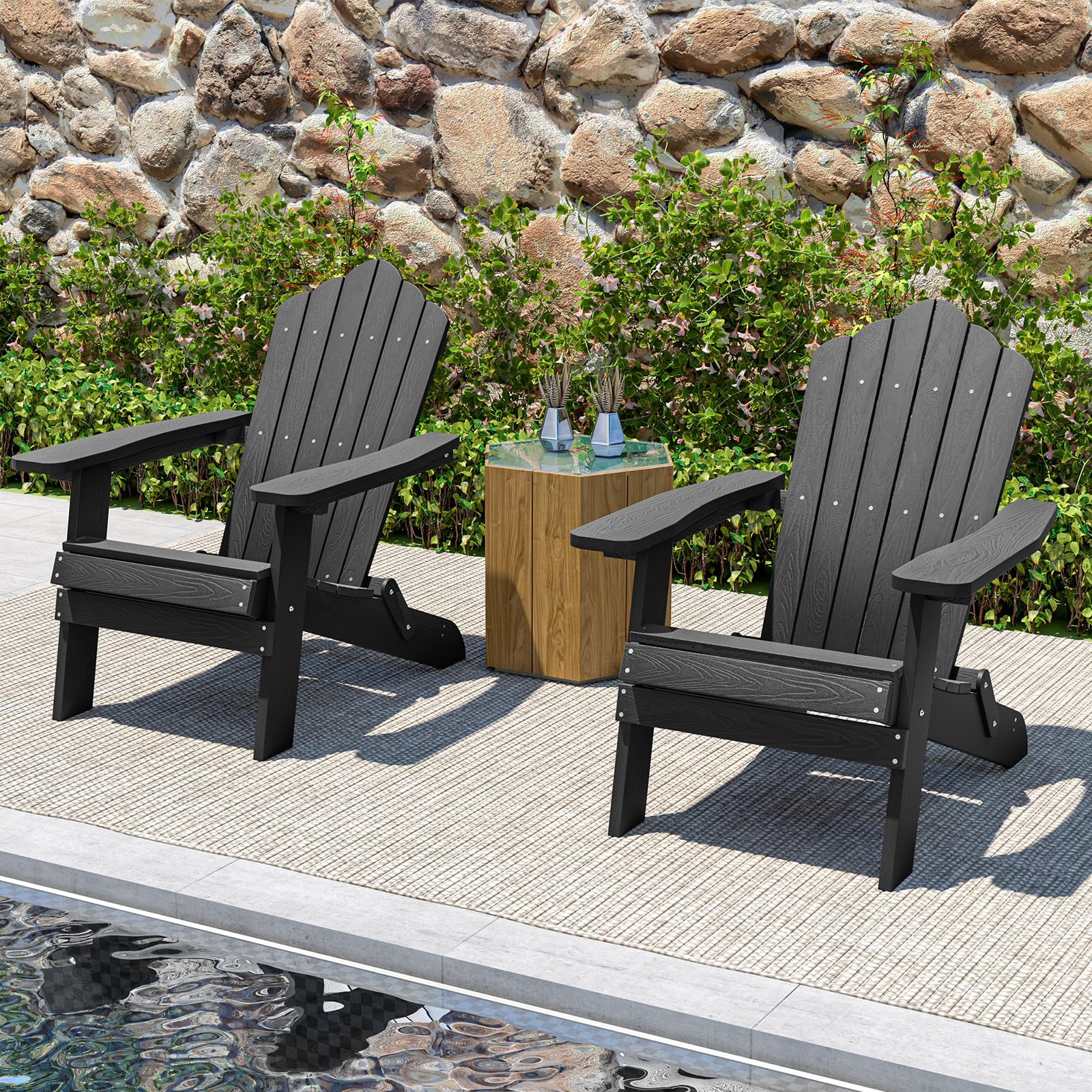 KOMFOTTEU Adirondack - Sedia pieghevole, sedia da giardino con schienale inclinato e braccioli larghi, poltrona ergonomica con carico di 180 kg, seduta esterna per balcone, terrazza (nero)