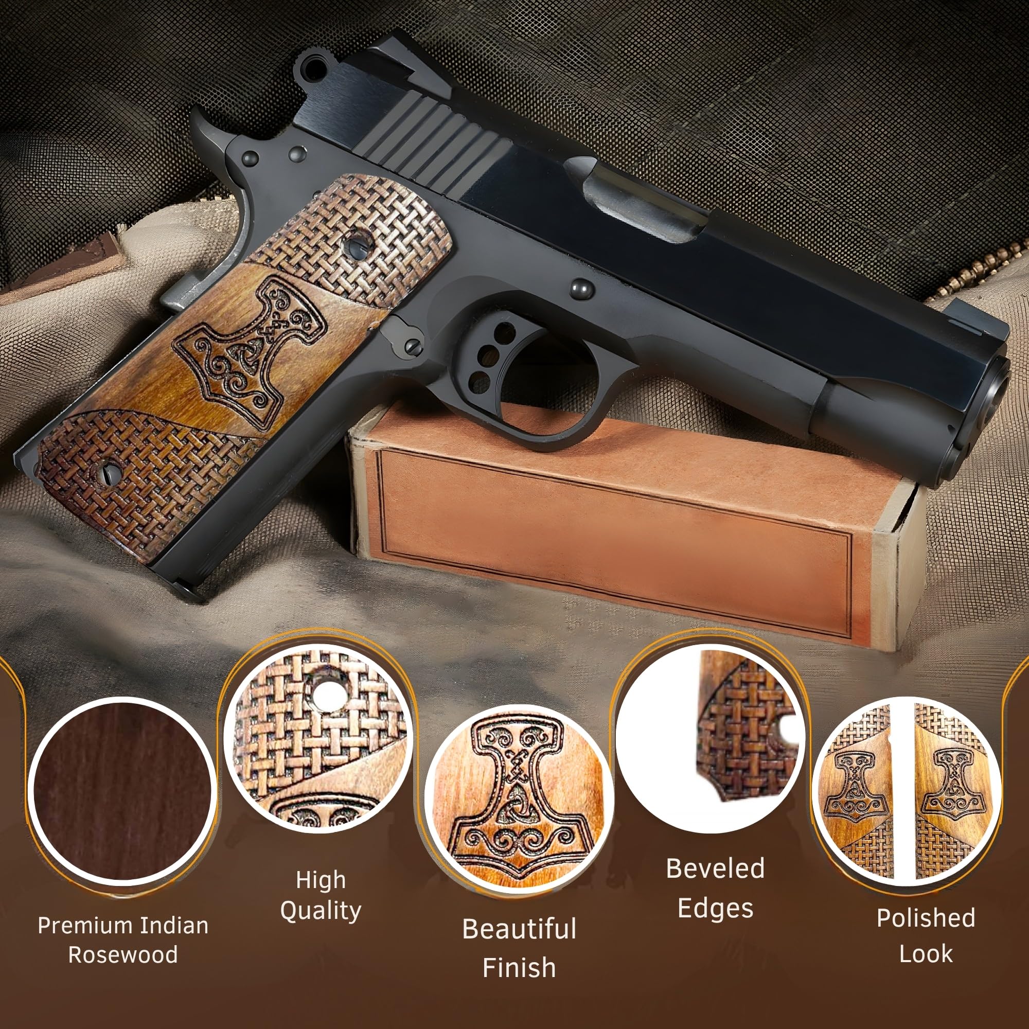 WWII US M1911/1911 .45 Holzgriffe – Reproduktion (Thors Hammer (Stil 2))