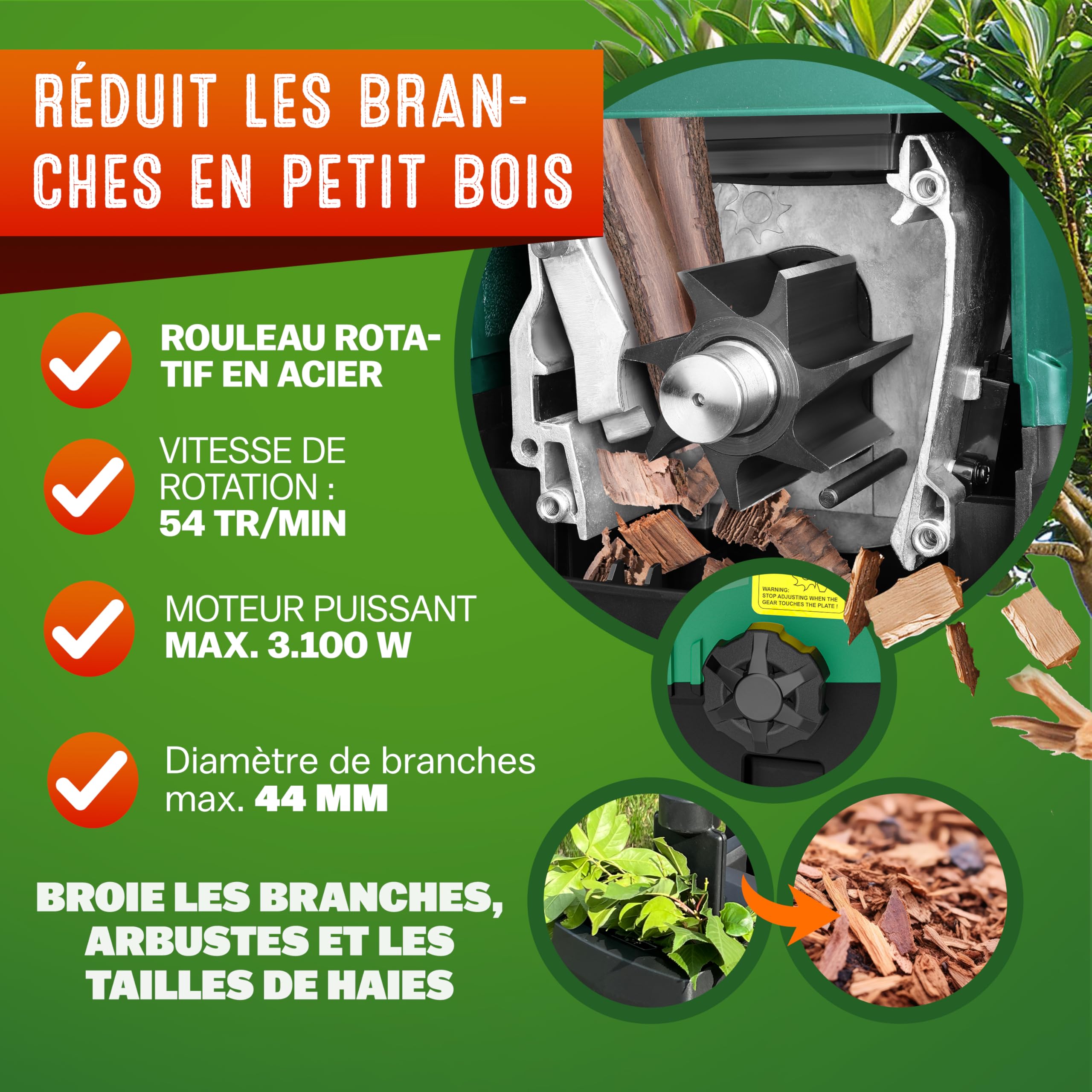 GARDEBRUK® Broyeur de végétaux électrique 3.100W Max. 44mm Sac 2X 60L broyeur à Rotor broyeur végétaux Silencieux à Rouleau Jardin déchets Verts Compost