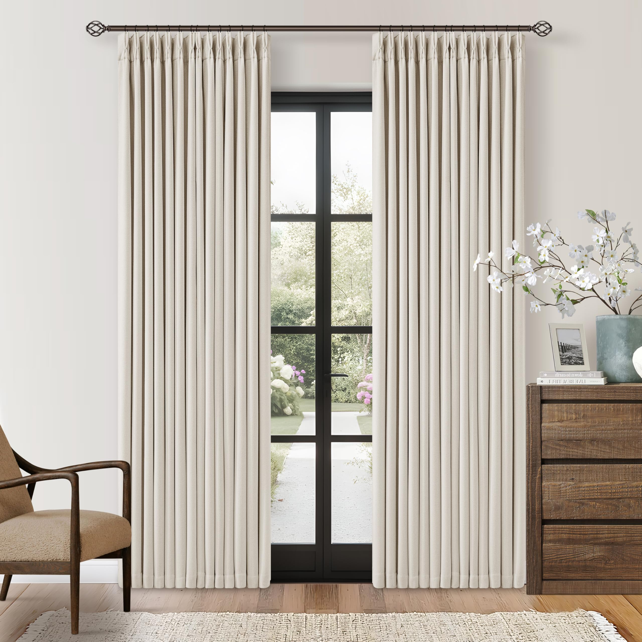 80 Inch Pinch Pleated Linen Black Out Curtains with Liner 2 Panels Natural — image 1