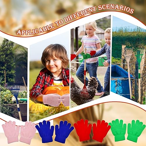 Miniatura 5 de Juego de 4 rastrillos para niños con mango de madera dura, rastrillo de metal para jardín con 4 pares de guantes para herramientas de hojas de jardín