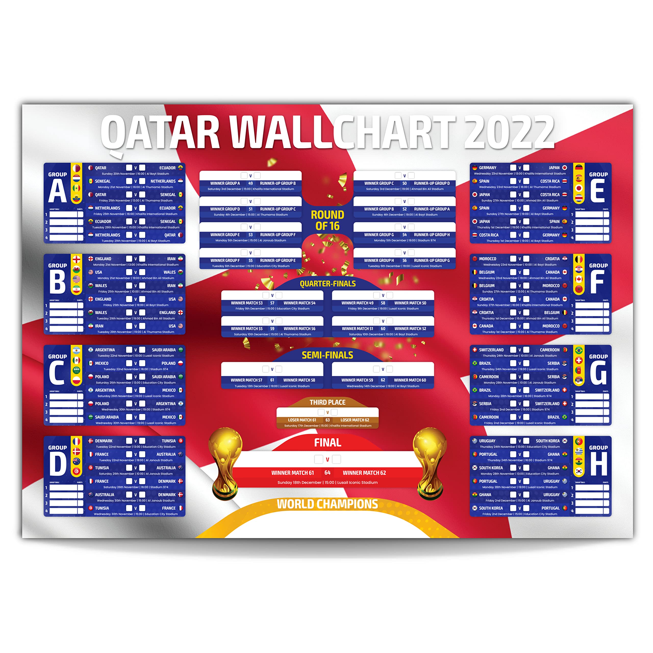 England Edition Qatar Wallchart 2022 - Our Original Easy To Use Wallchart To Track The All The Scores And Full Schedule This Winter - Various Sizes (A2 Wallchart), Multi