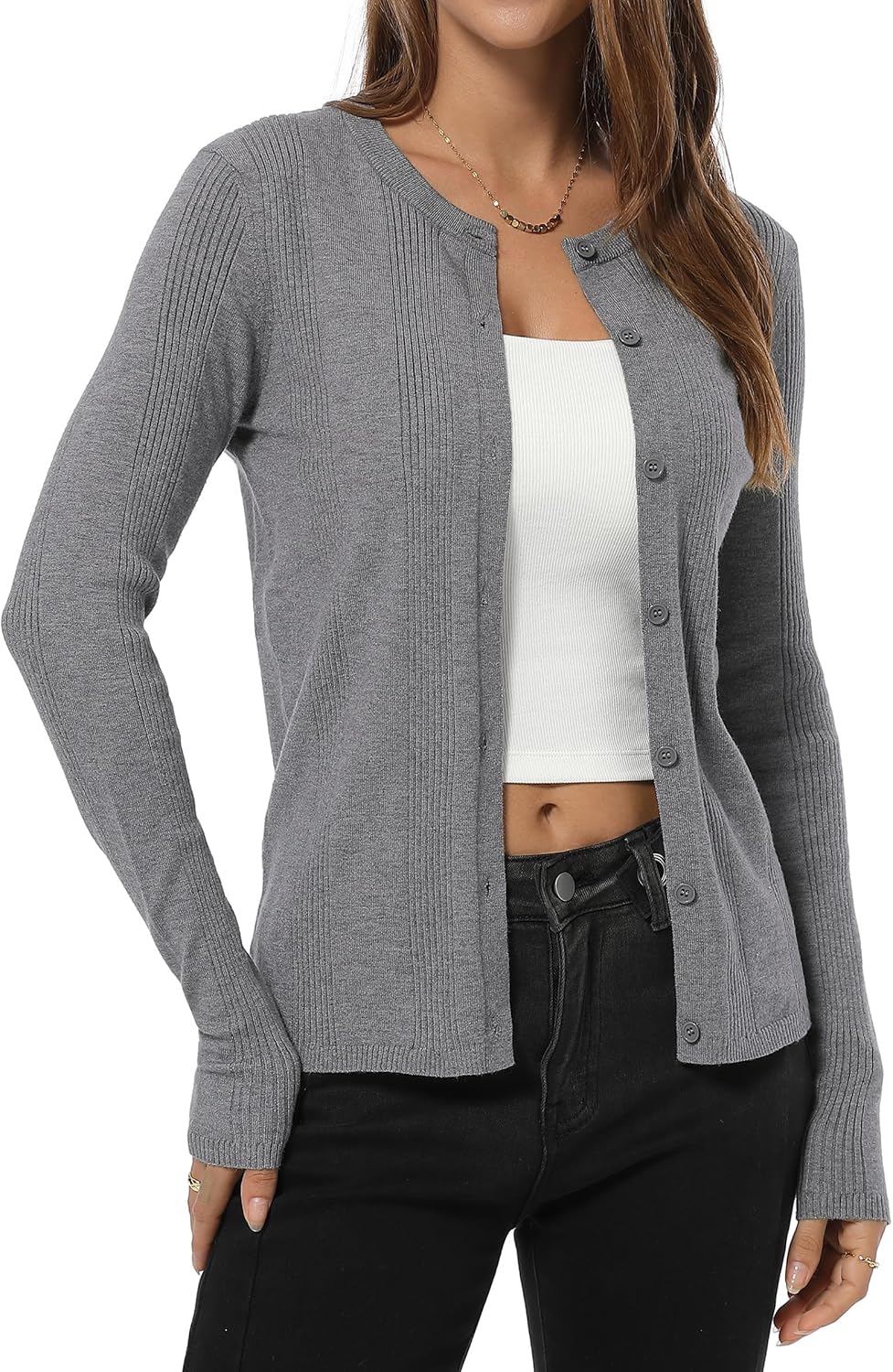 QUALFORT Women’s Lightweight Ribbed Knit Cardigan Sweater Crew Neck Button Down Long Sleeve Soft Stretchy Cardigan - Image 5