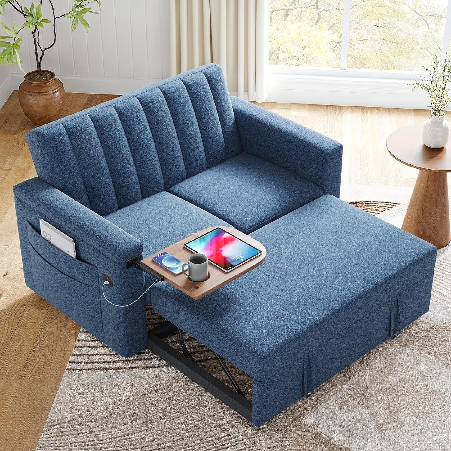 Photo 1 of ****PARTIAL SET****Marsail 3-in-1 Convertible Sofa Bed, 54" Sleeper Sofa with Solid Wood Side Table & Frame, Pull-Out Couch with USB Ports & Side Pockets, Loveseat Sofa with Adjustable Backrest, Blue