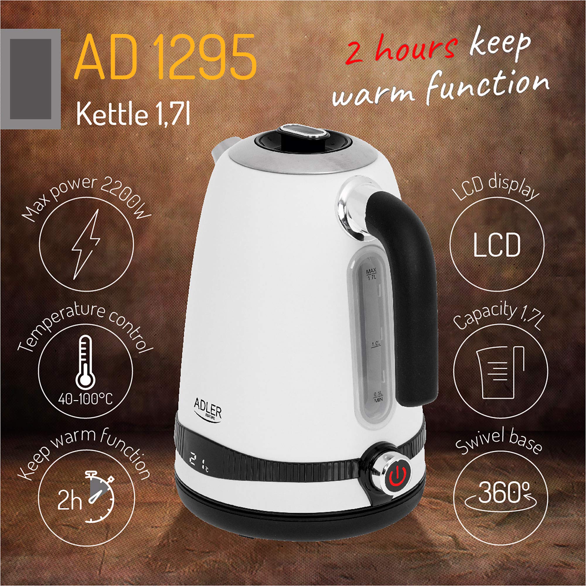 Adler - Bollitore ad 1295 W SS bianco satinato 1,7 L con display LCD e regolazione della temperatura