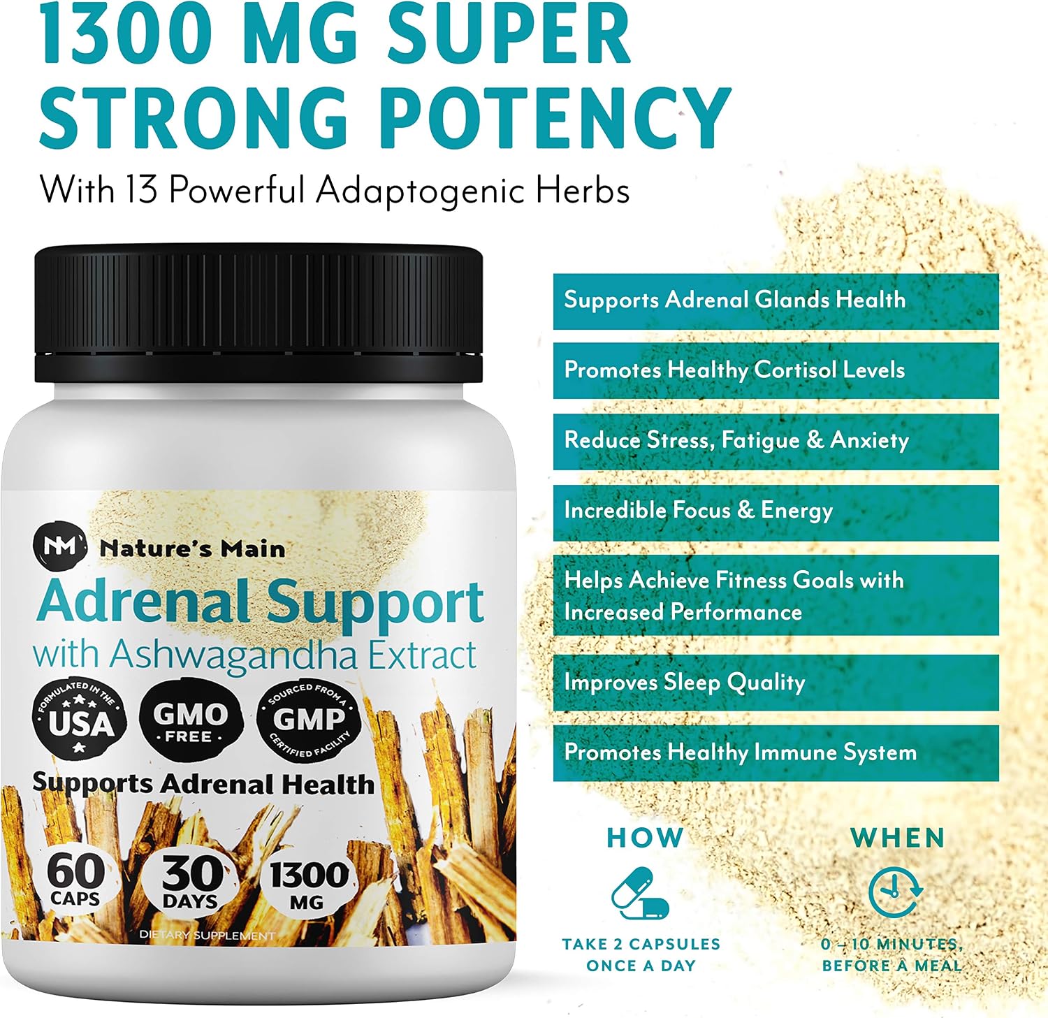 NM Nature's Main Adrenal Support & Cortisol Manager ǀ Powerful Adrenal Fatigue Supplement for Adrenal Health ǀ Energy Pills with Aswaghanda, Rhodiola, Ginseng & Licorice ǀ 60 Capsules