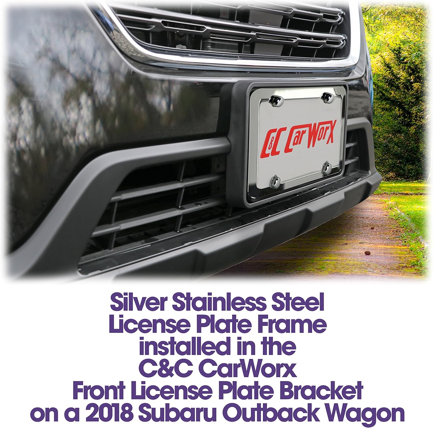 C&C Car Worx Front and Rear License Plate Brackets and 2 Silver Stainless Steel Frames to fit 2018, 2019 Subaru Outback Wagon at Special Bundled Discount