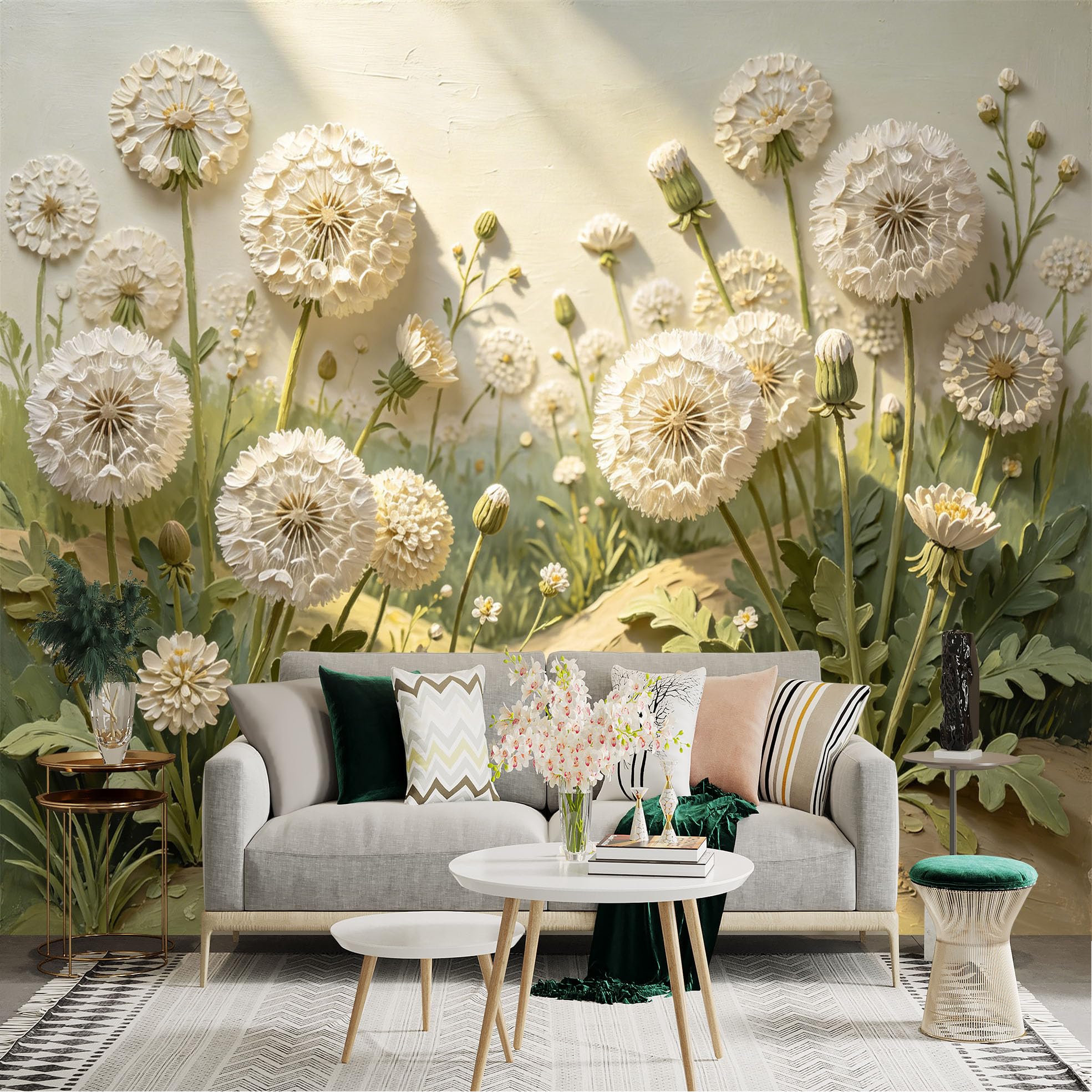 Lnzczhyre Dbh260521947 Custom Size Wall Sticker Mural， White Dandelion Flowers， Soft Botanical Field， Elegant Nature Art， Minimalist Floral Scenery， For Wall Decoration， Peelandstick Wall Decals.