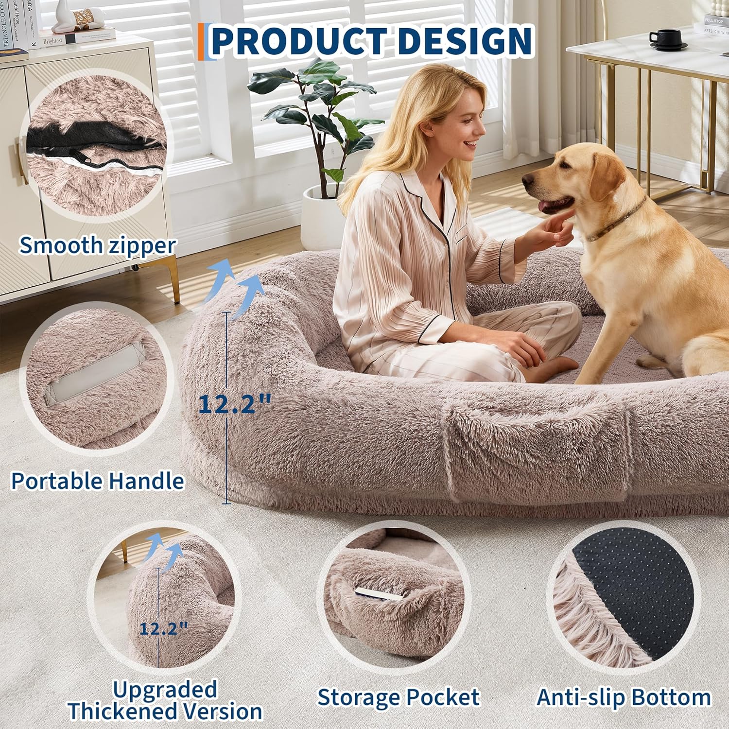 GarveeHome Human Dog Bed for Adult and Pets, No Assembly Required, Washable Fluffy Faux Fur, Napping Orthopedic Dog Bed with Side Pocket, Strap - Light Brown