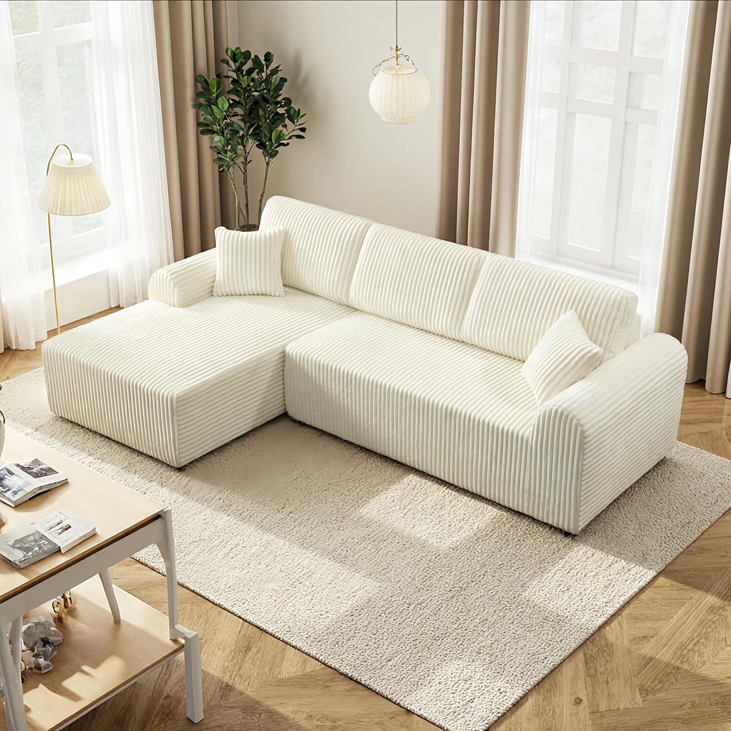 109“L-Shaped Sectional Sofa Boneless Couch Upholstery Cloud Modular Couch with Chaise No Assembly Required Corduroy Fabric Combination Deep Seat Living Room Bedroom (Cream, Left Hand Facing)