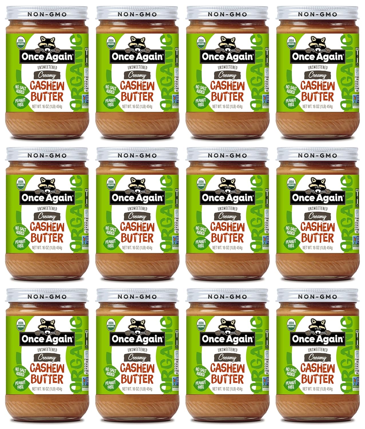 Once Again Organic Creamy Cashew Butter, 16oz - Unsweetened - USDA Organic, Gluten free Certified, Vegan, Kosher, Peanut Free - Glass Jar - 12 Pack