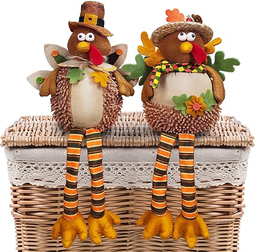 Miniatura 7 de Ogrmar Paquete de 2 muñecas de pavo de peluche de 15 pulgadas, decoración de mesa de Acción de Gracias, exquisita muñeca de felpa de pavo hecha a