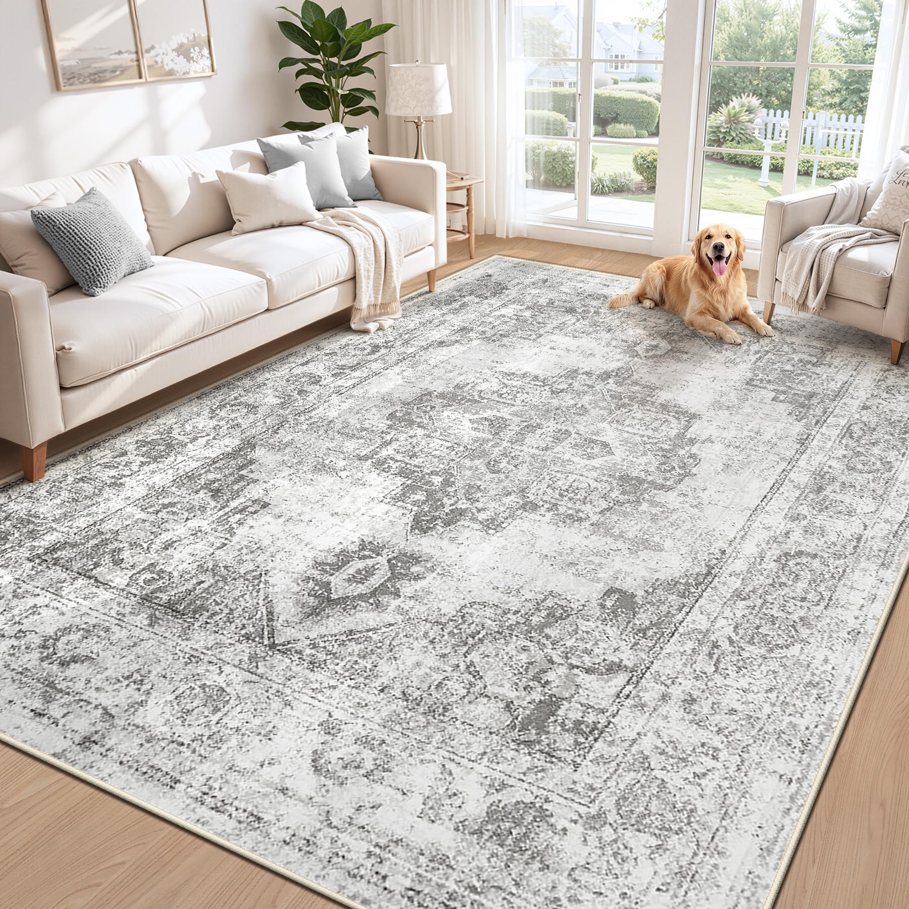 Area Rug 6x9 Vintage Rugs: Washable Indoor Medallion Rug Low Pile Distressed Floor Carpet Retro Accent Rugs for Living Room Bedroom Kitchen Dining