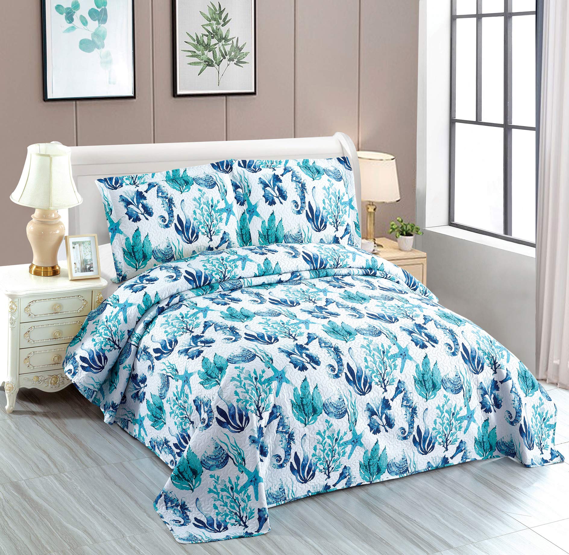 3-Piece Green Seascape Lightweight Quilt Set,Beach Ocean Themed Bedspread Coverlet,Coastal Marine Life Sea-Weed Seashell Seahorse Starfish Scallop Bed Cover Seaside Bedding Set (Green Corals,Twin)