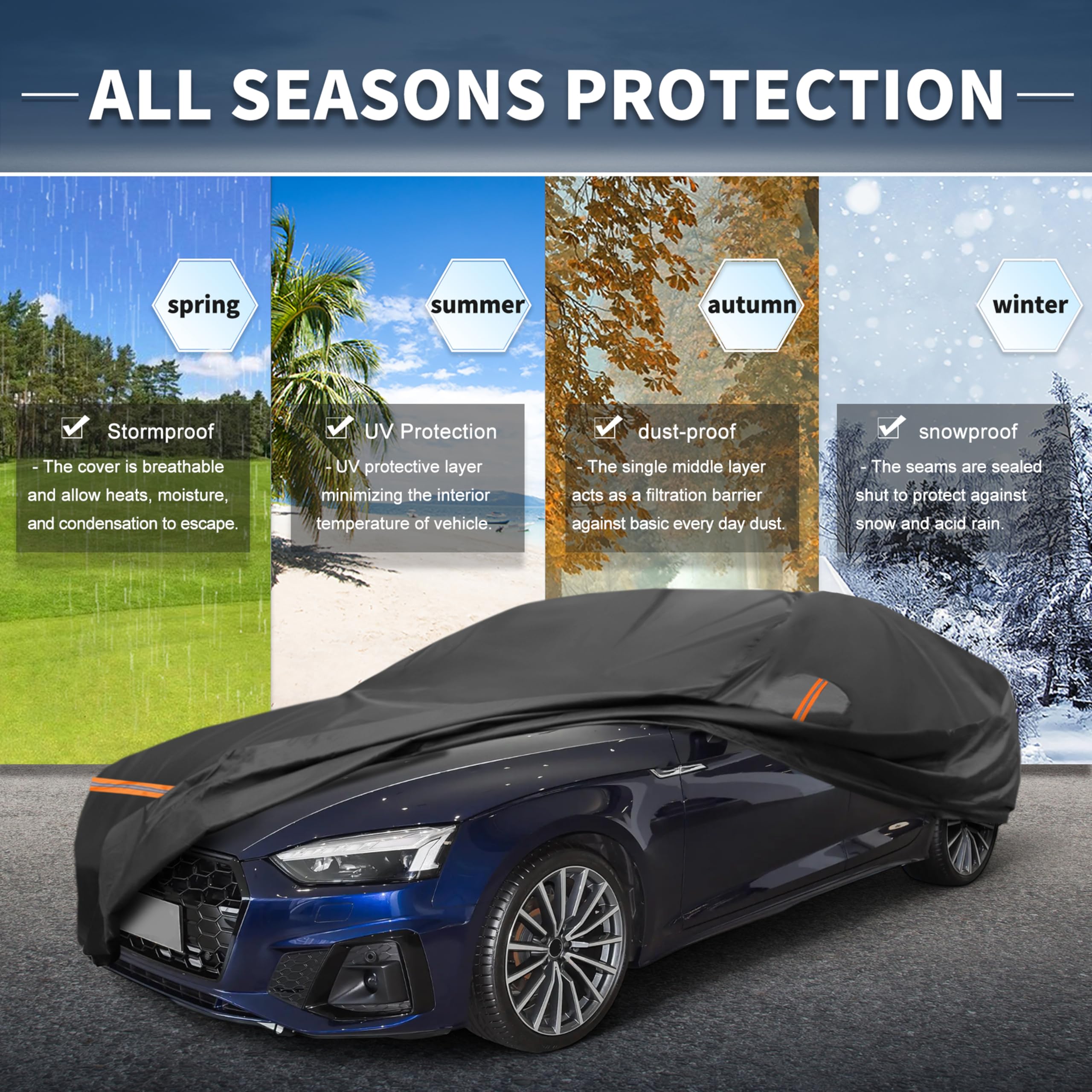 A ABSOPRO Funda para Audi A5 2009-2024 Peva Spunlace Cotton Exterior Funda De Coche Completa para Todo Clima Impermeable A Prueba De Viento con Cremallera En La Puerta del Pasajero Negro