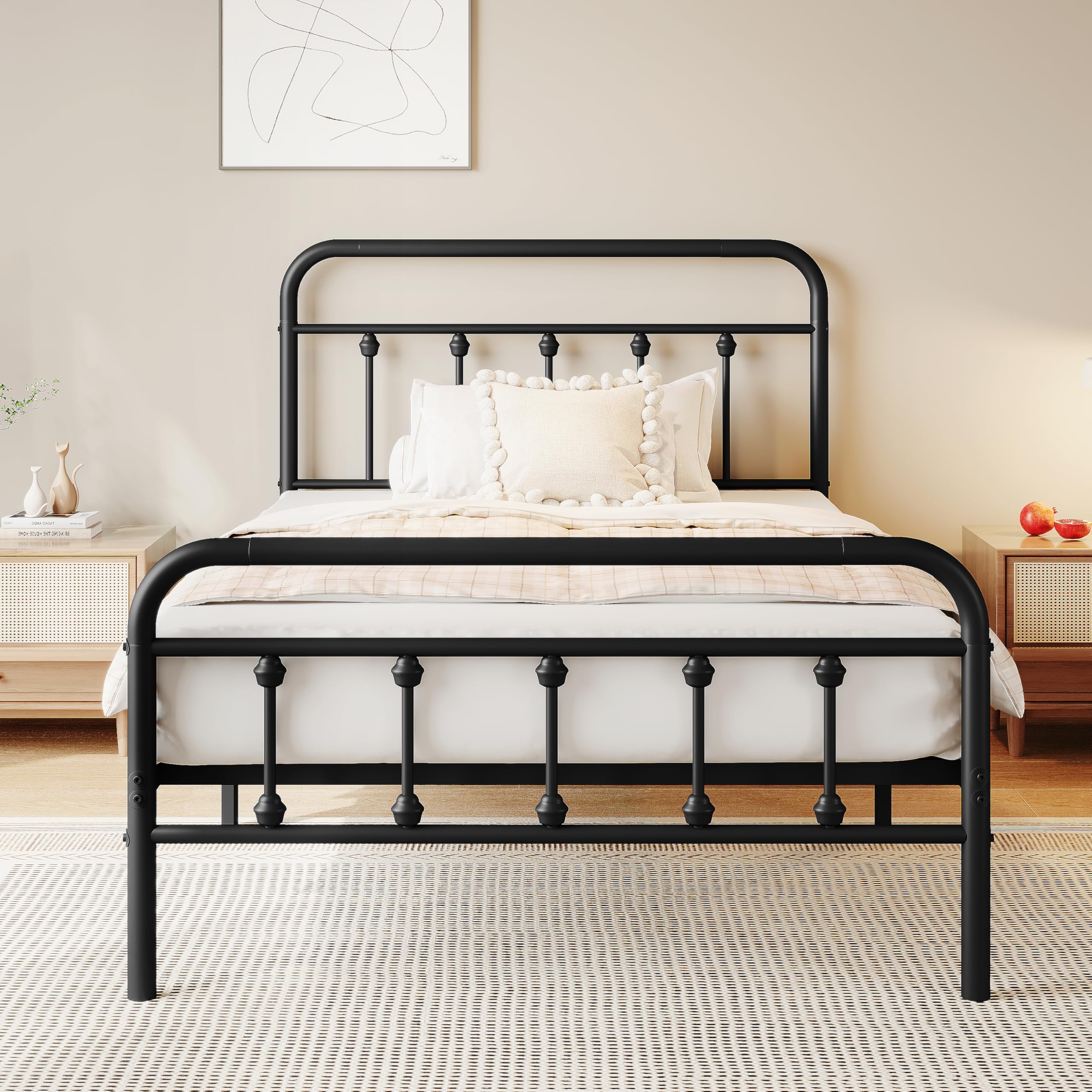 Twin Size Metal Platform Bed Frame/Victorian Style Headboard and Footboard/Steel Slat Support/Easy Assembly/No Box Spring Needed/Underbed Storage/Noise Free/Black