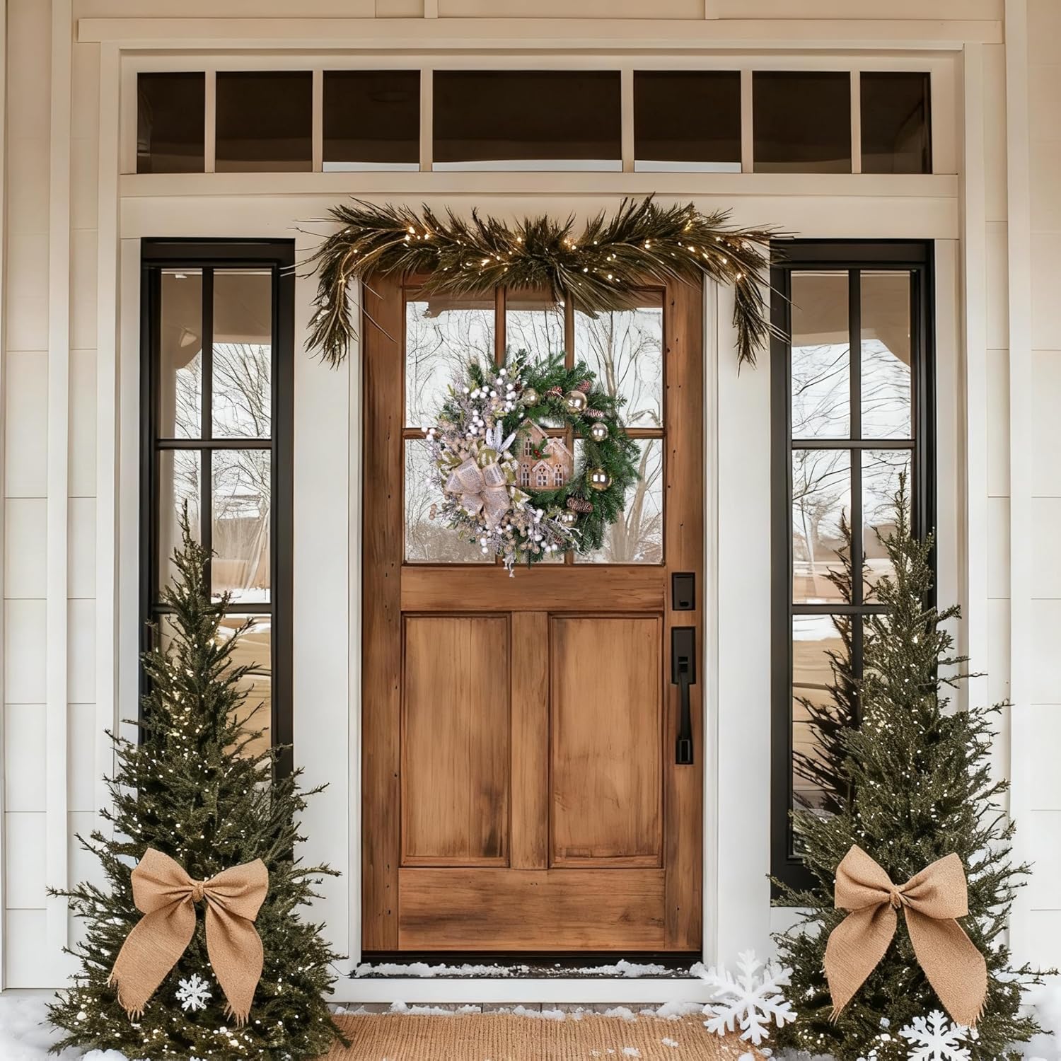 28 Inch Lighted Christmas Wreath for Front Door with Wood House Ornament Bow Berry, Christmas Wreath Decoration for Home Door Porch Wall Indoor/Outdoor