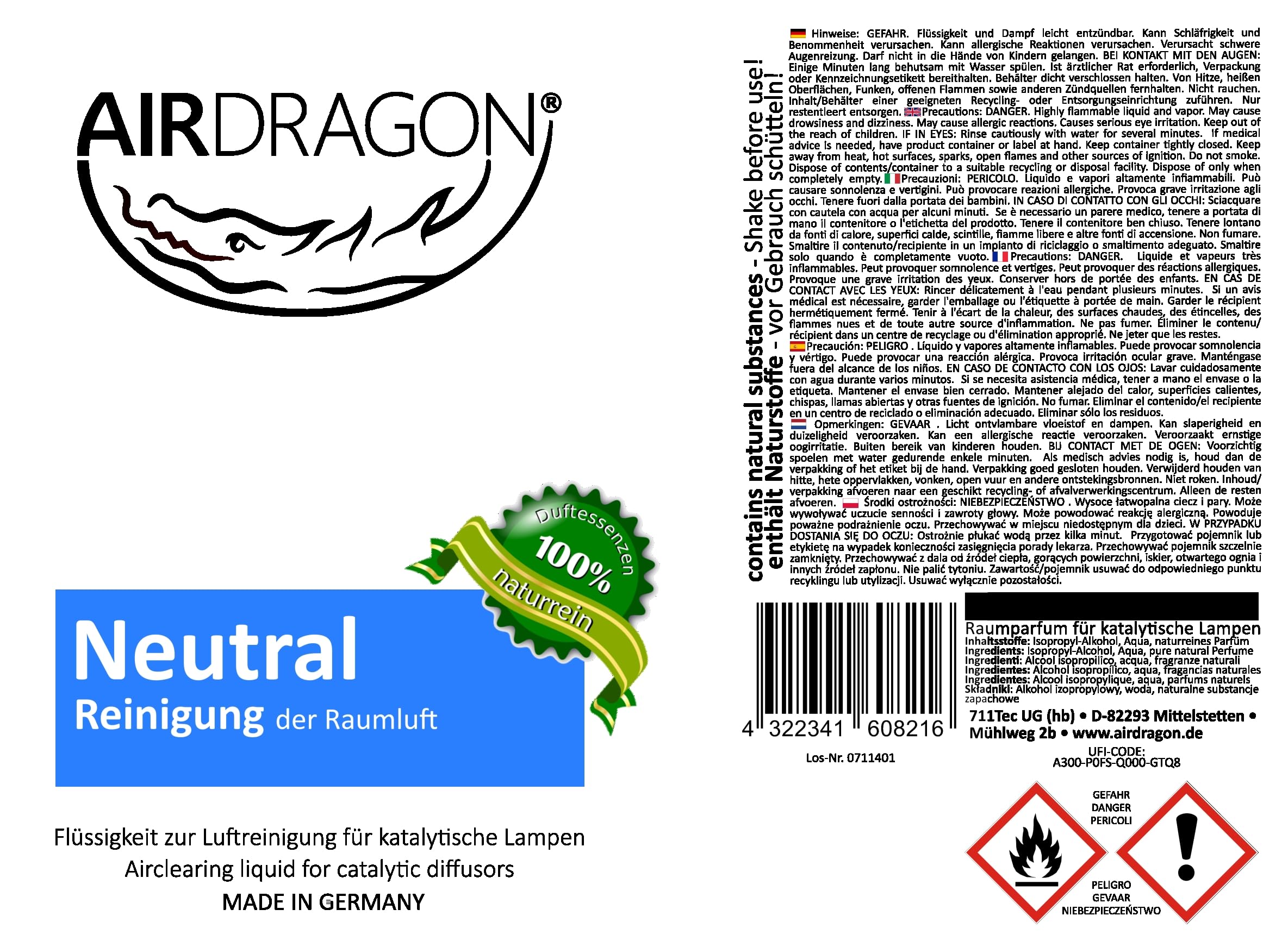AIRDRAGON® Duft-Set • NEUTRAL + GRAPEFRUIT & LIME • 2 x 1 Liter • Für jede katalytische Lampe • OHNE künstliche Duftstoffe • Premium Natur Raum-Duft