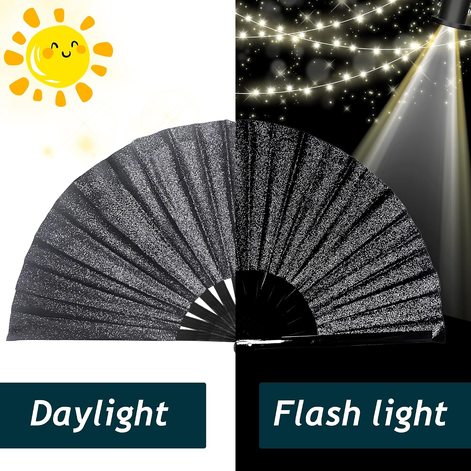 Large Hand Fan Foldable,Rave Fan for Line Dancing,Shinny Glitter Folding Fan for Festival,Club,Party,Women and Men (Black, L)
