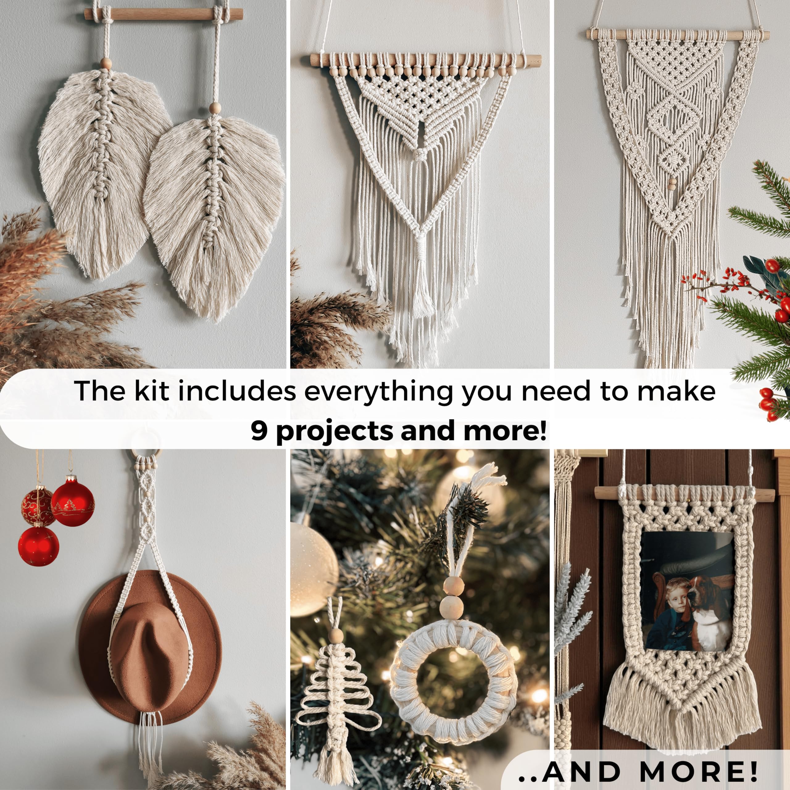 MIGO Creates DIY Macrame Kit for Beginners with 9 Macrame Projects Ebook, 115 Pcs Macrame Supplies & 220yd Cotton Yarn | Create Unique Bohemian Decor Craft Projects! Perfect DIY Crafts for Adults!