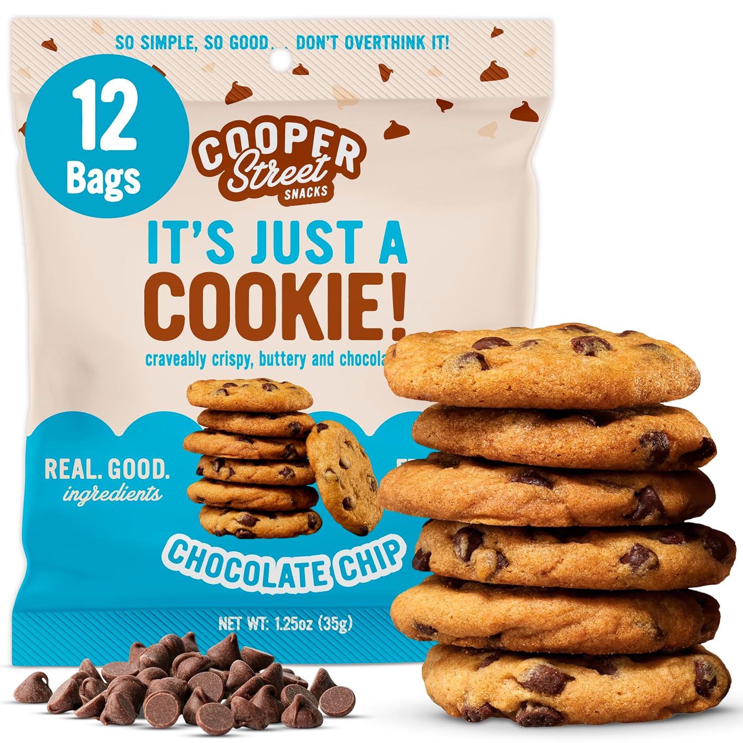 Cooper Street Snacks It's Just a Cookie - Thin & Crispy Butter Cookies, Nut, Soy & Seed Oil Free, School Safe For Kids Or Lunchbox For Adults - Chocolate Chip - 12 Pack (1.25oz)
