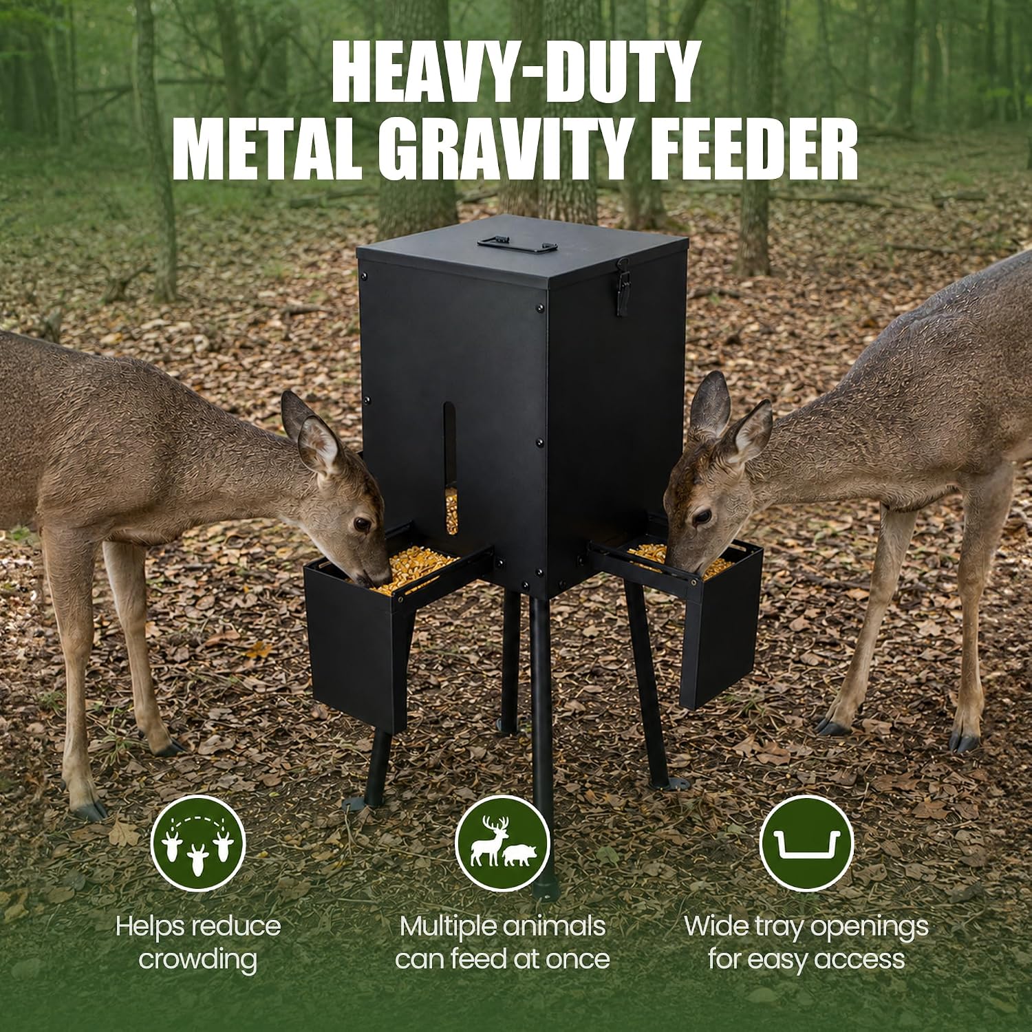 Gravity Deer Feeder with 4 Feeding Trays, Heavy - Duty Fodder Dispenser | Heavy Duty Weatherproof with viewing window and 4-Leg Stand
