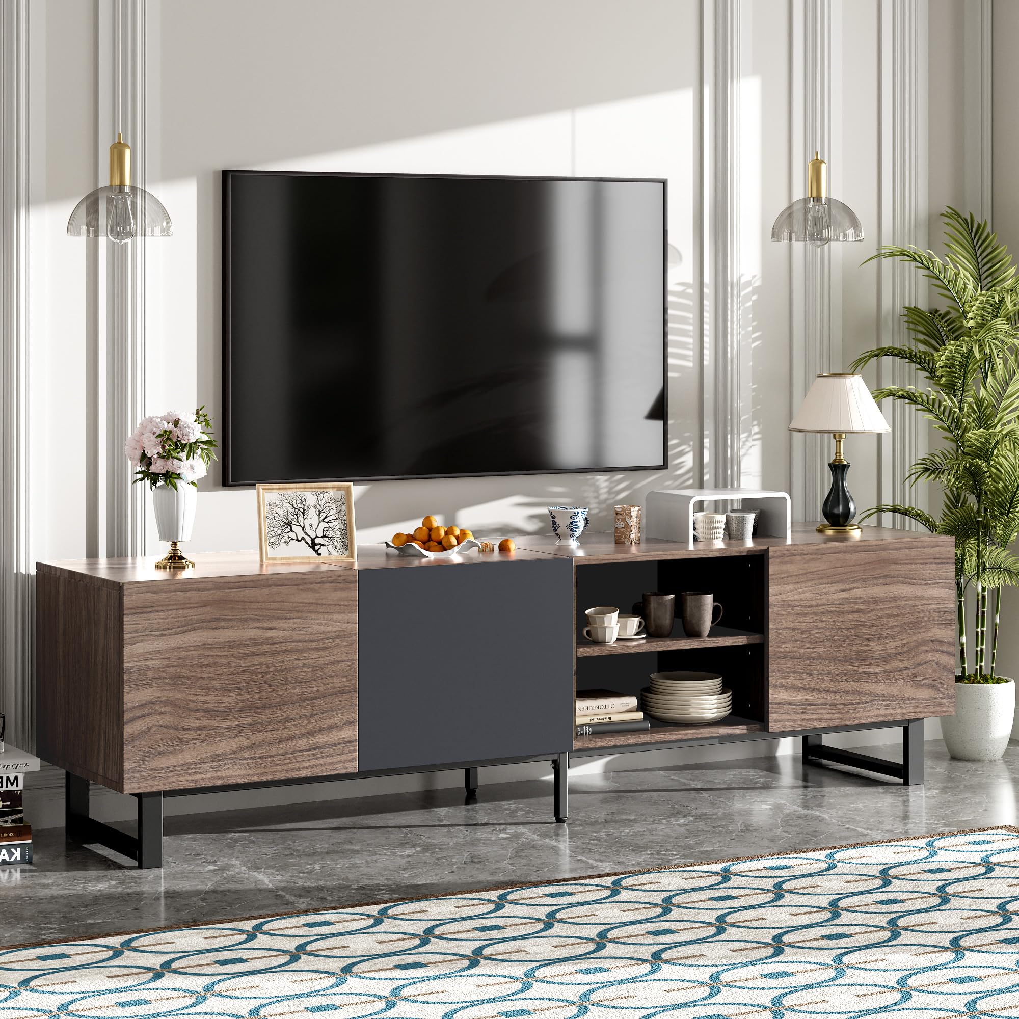 Modern TV with 3 Cabinets& Open Shelves, Color-Matching Media Console Table for TVs up to 80'', Entertainment Center with Drop Down Door for Living Room, Bedroom, wenjingqiUS-N710P174923P
