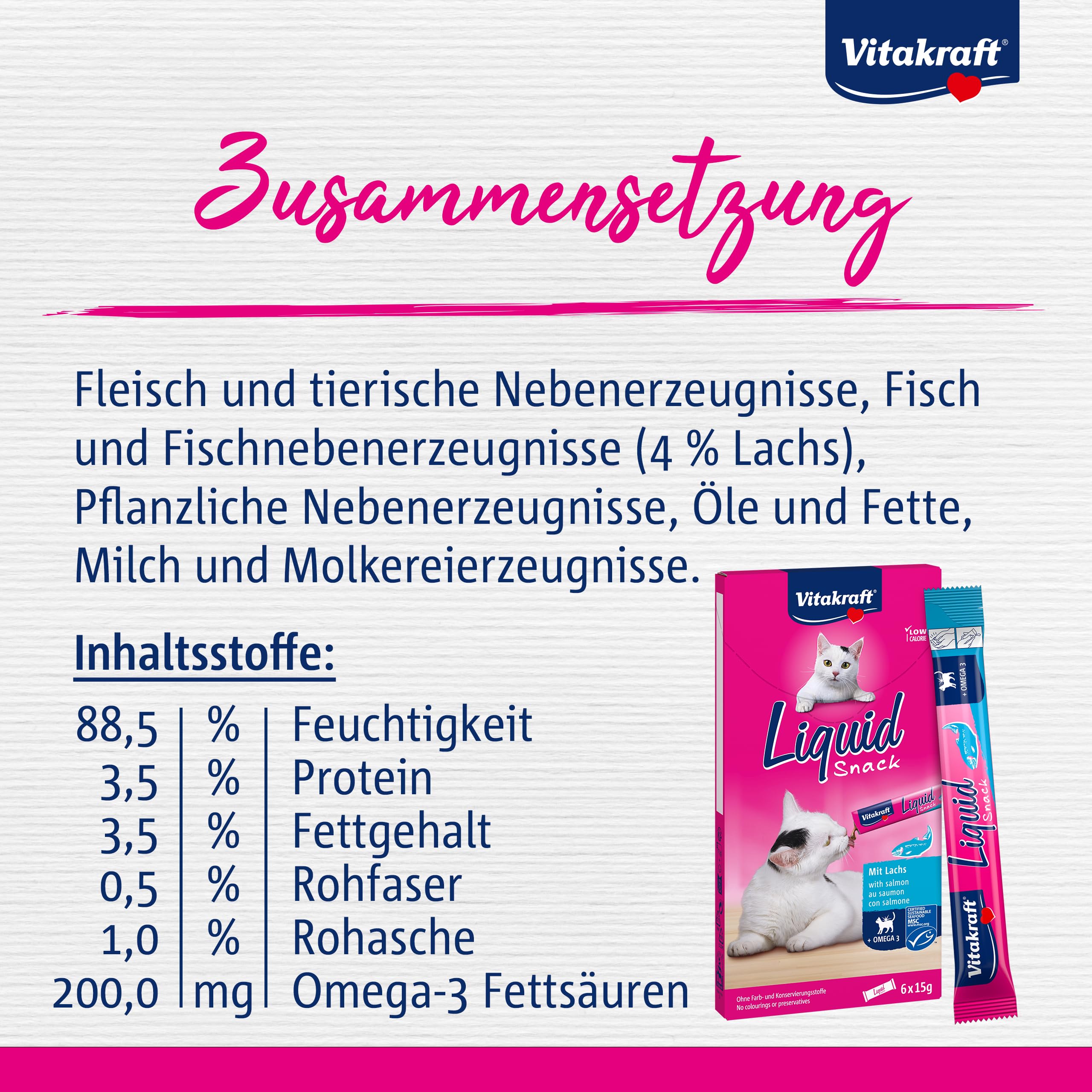 Vitakraft Liquid Snack, snack gatto liquidi, con salmone MSC, leccornia per cani, con acidi grassi omega 3, per una pelle sana, a ridotto contenuto calorico (1 confezione con 6x 85g)
