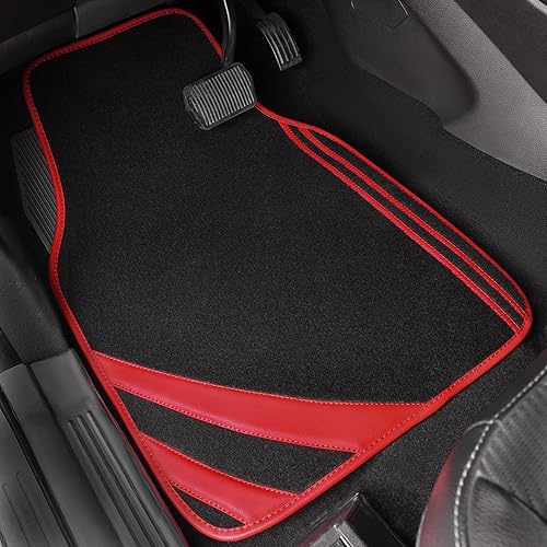 Miniatura 7 de CAR PASS Alfombrillas de cuero con borde rojo, alfombrillas universales para automóvil con línea de doble puntada y diseño de respaldo