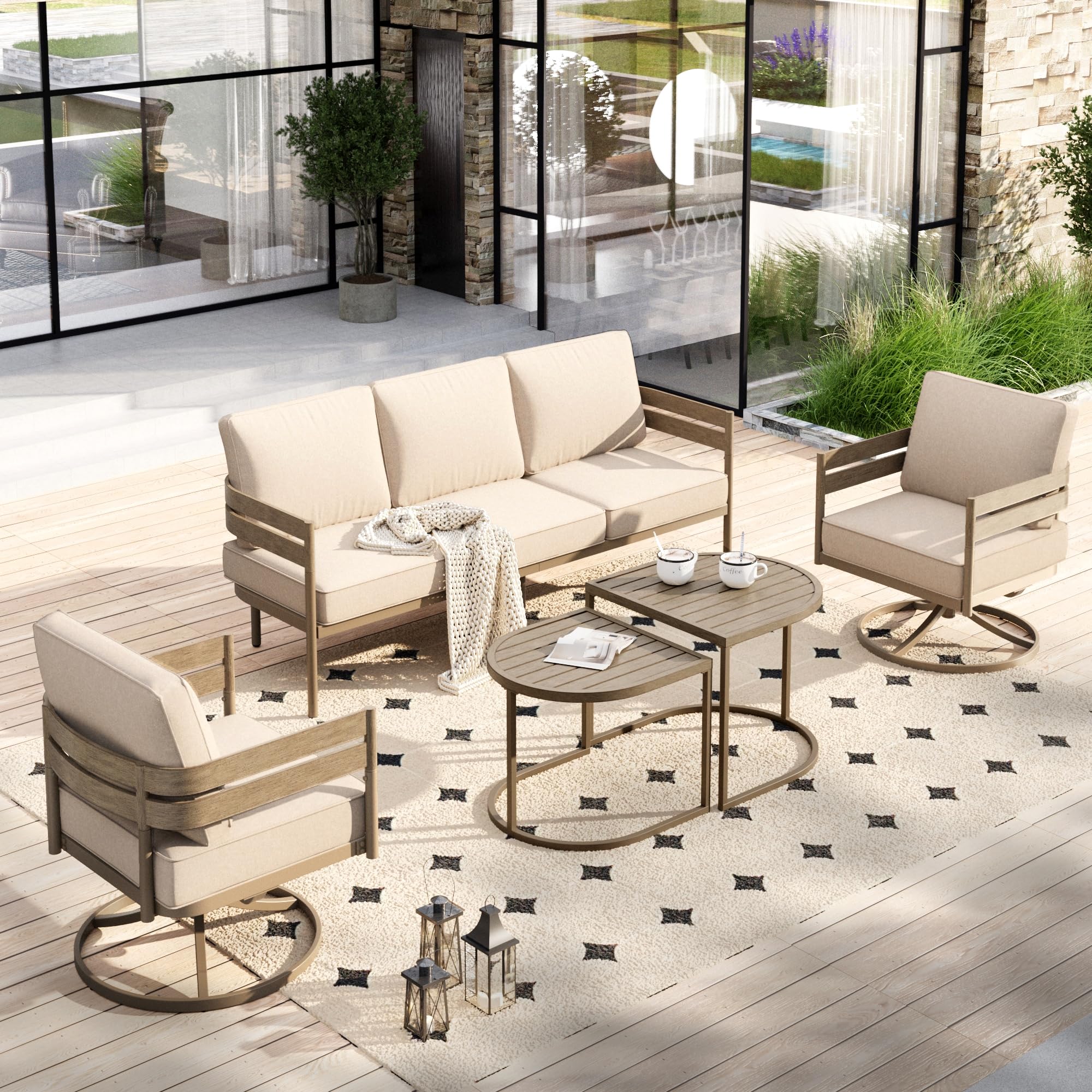 HERA'S HOUSE 4 Pieces Patio Furniture Set, 1 x 3-Seat Outdoor Sofa, 2 x Swivel Armchairs,1 x Wood-Like Nesting Coffee Table, All Weather Patio