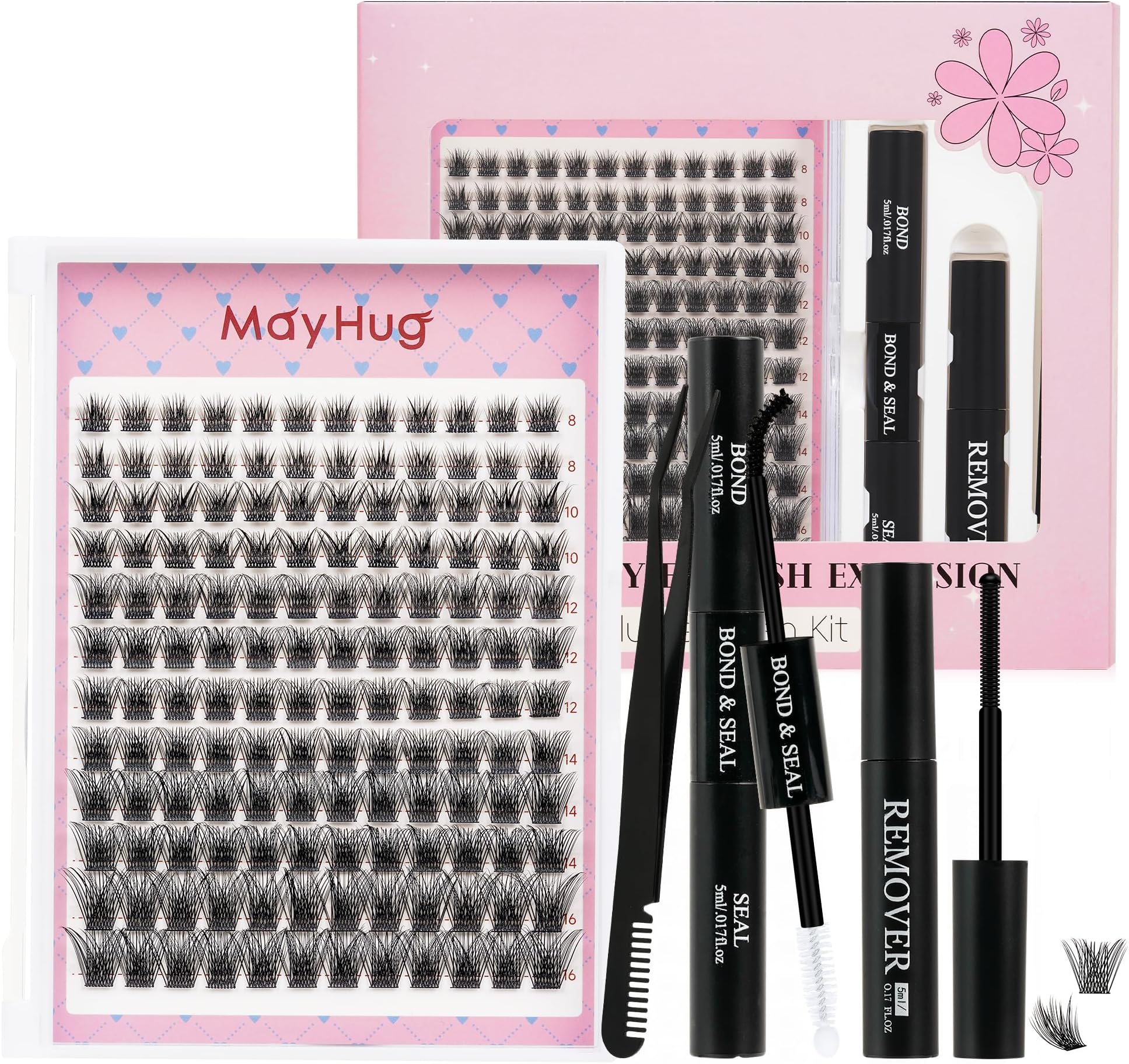 MayHug Cluster Lashes Kit Natural Wispy 9-16mm Lashes 144Pcs Individual Eyelashes D Curl Cluster Lashes DIY Lash Extensions at Home(4 in1 SilkMist Kit)