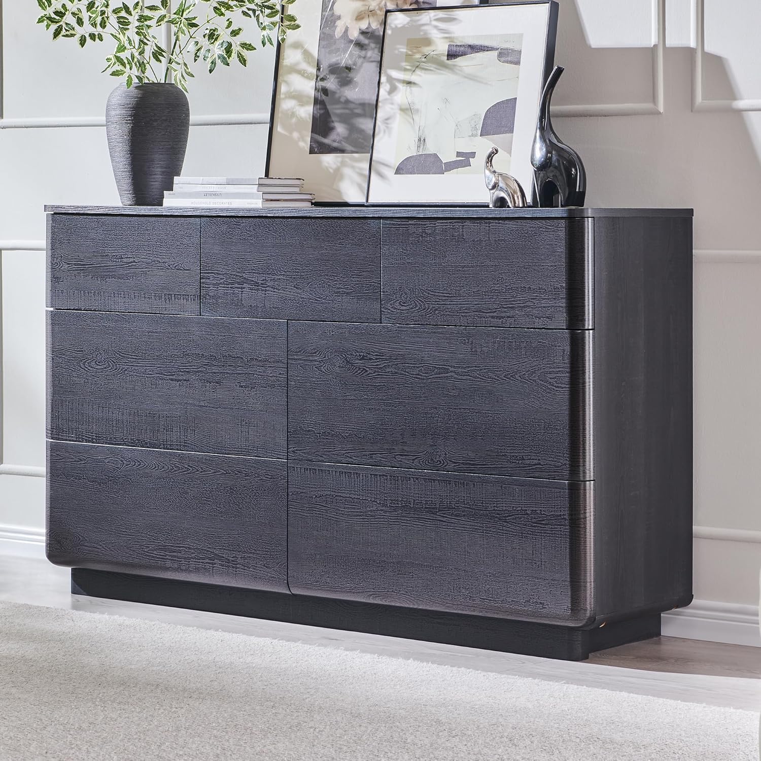 JXQTLINGMU 7 Drawer Dresser for Bedroom, Modern Push-to-Open Chest of Drawers, Large Wood Storage w/Curved Profile & Handleless Design, 52" Wide Dresser TV Stand for Bedroom, Living Room, Black