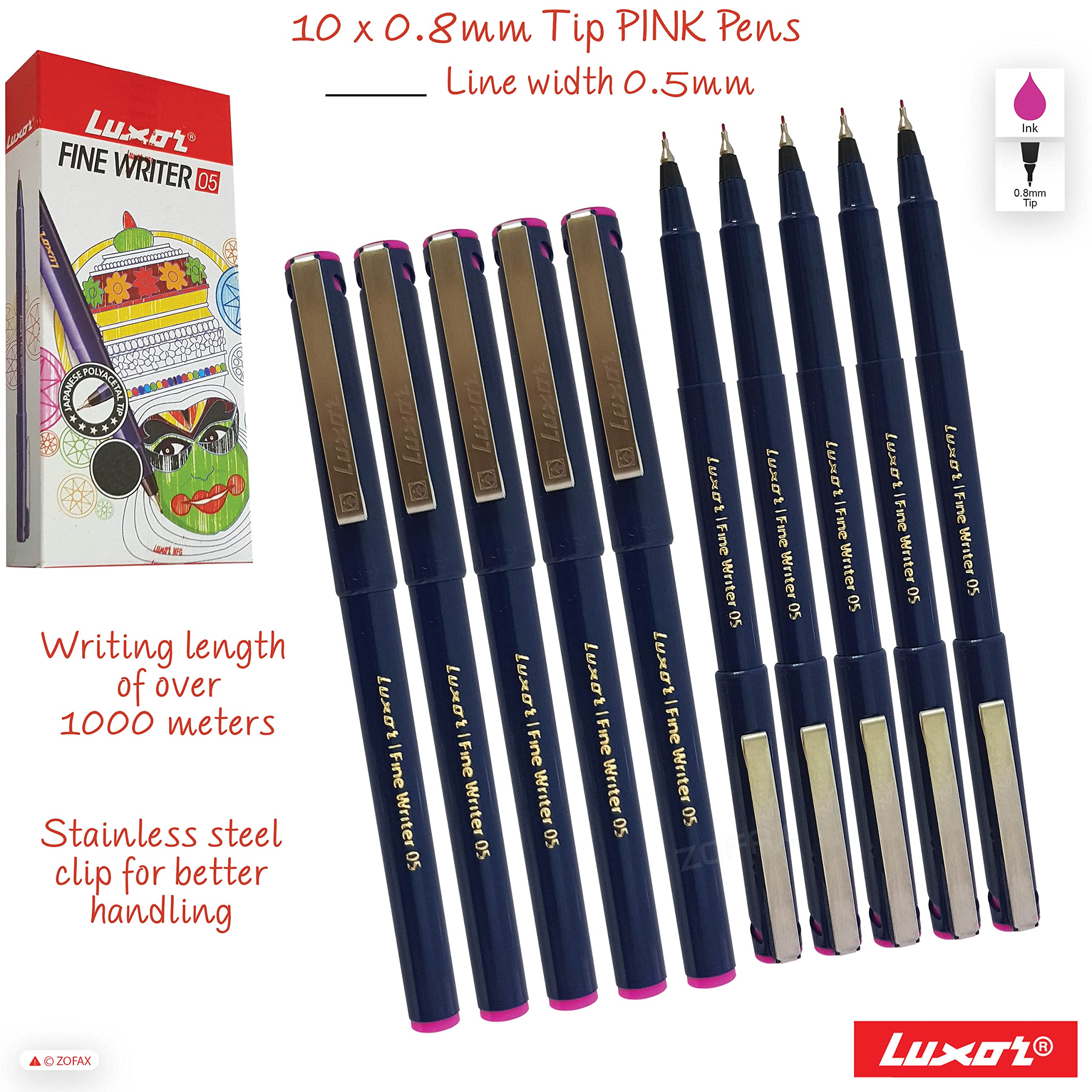 Write05 Fineliner Pens, PINK, 0.5mm Ultra Fine Tip, Pack of 10, Precise Writing, Write Sign Draw Colour Pens - Image 2