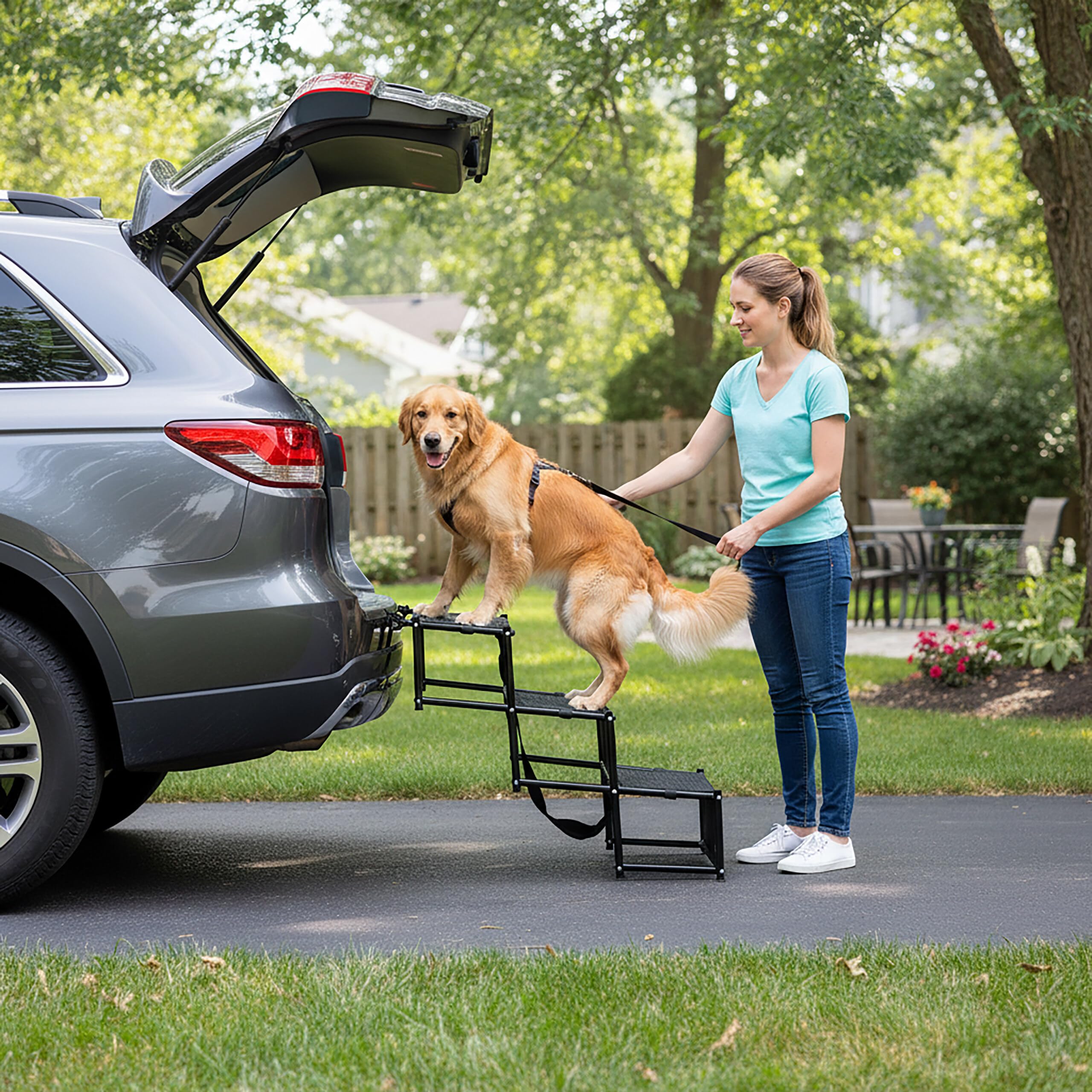 Rampa Plegable Relaxdays para Coche y Perros, 4 peldaños, Antideslizante, 76x101x45 cm, Acero y Tejido Oxford, Negro