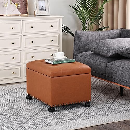 Miniatura 22 de Taburete otomano rectangular de cuero de 24 pulgadas con ribete de cabeza de clavo, cofres de juguetes y organizador de almacenamiento para Negro