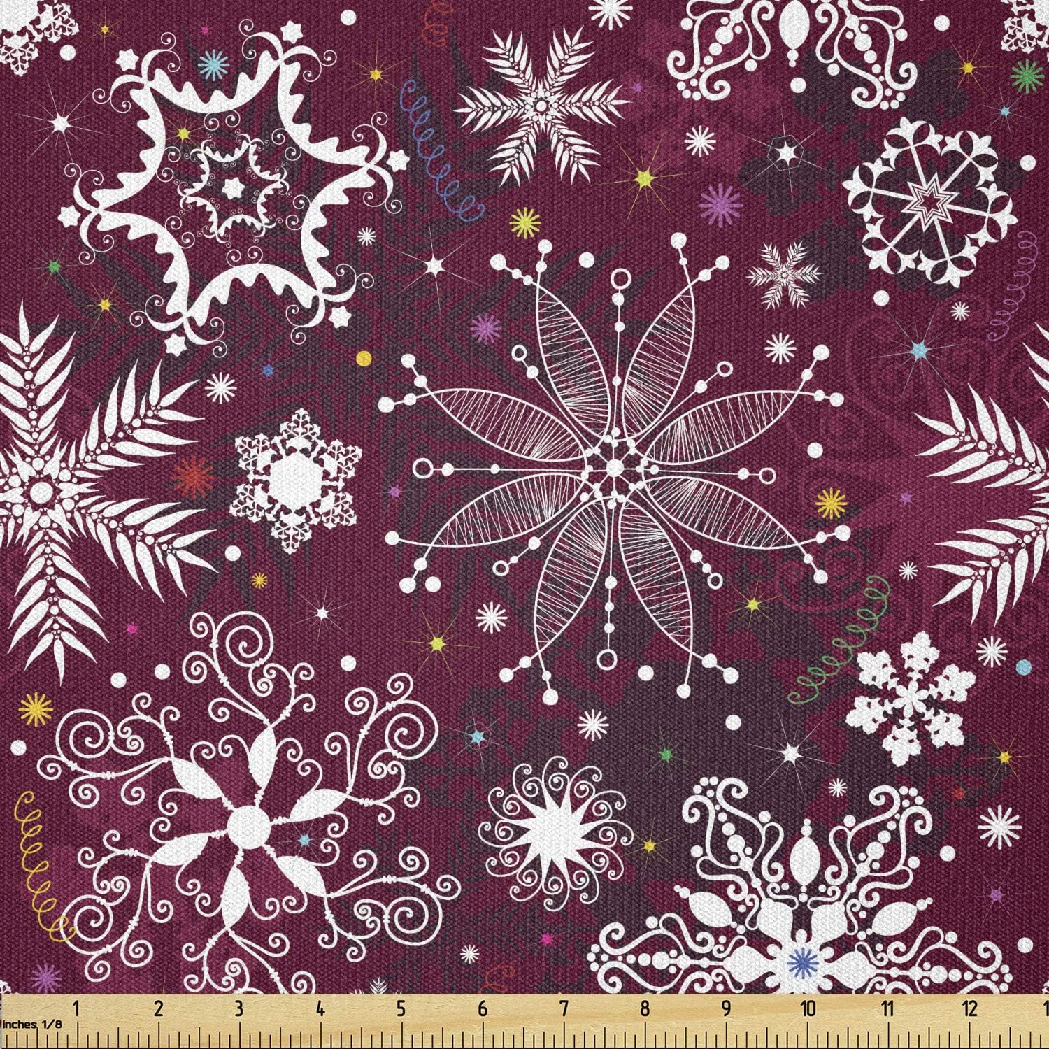 Ambesonne Winter Fabric by The Yard, Floral Flakes with Colorful Swirls Dots and Stars Xmas Party, Stretch Knit Fabric for Clothing Sewing and Arts Crafts, 3 Yards, Maroon