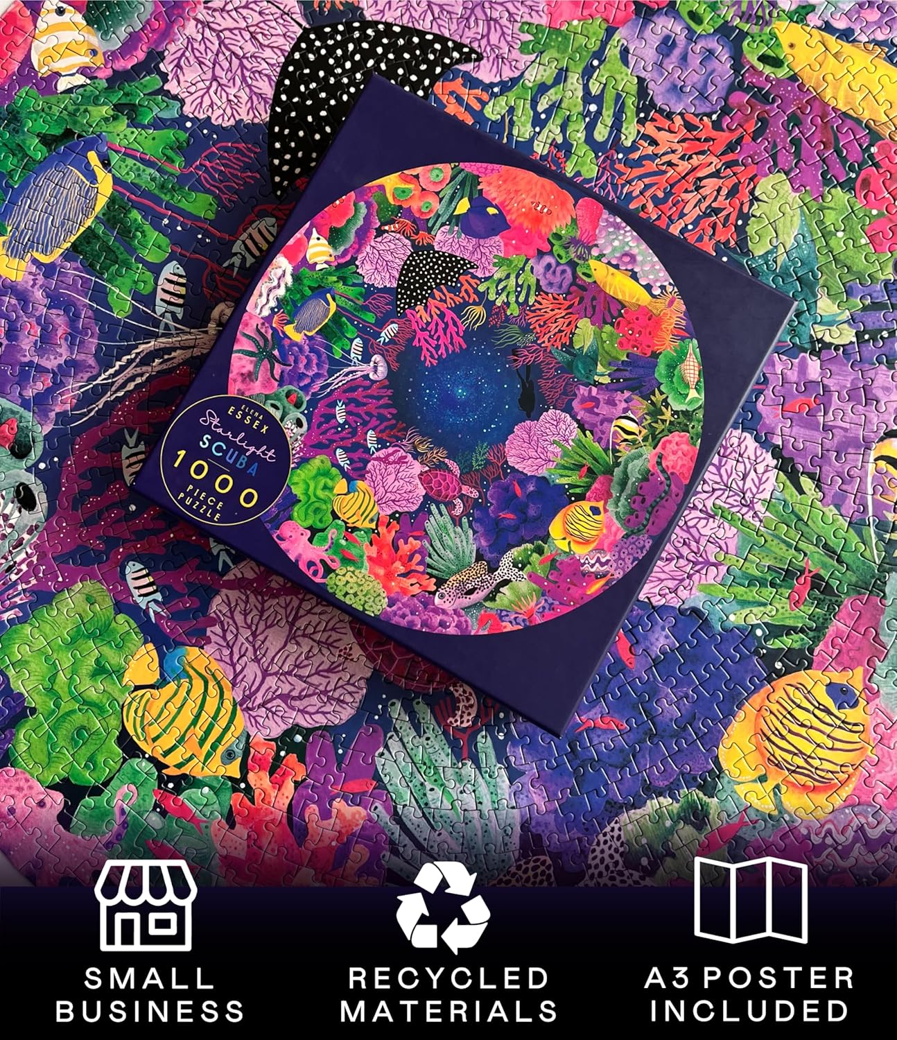 Elena Essex Round Puzzles for Adults 1000 Pieces - Starlight Scuba | 1000 Piece Puzzles for Adults | Jigsaw Puzzles | Colourful Coral Reef Ocean Sea Puzzle | 26.5 inches Diameter