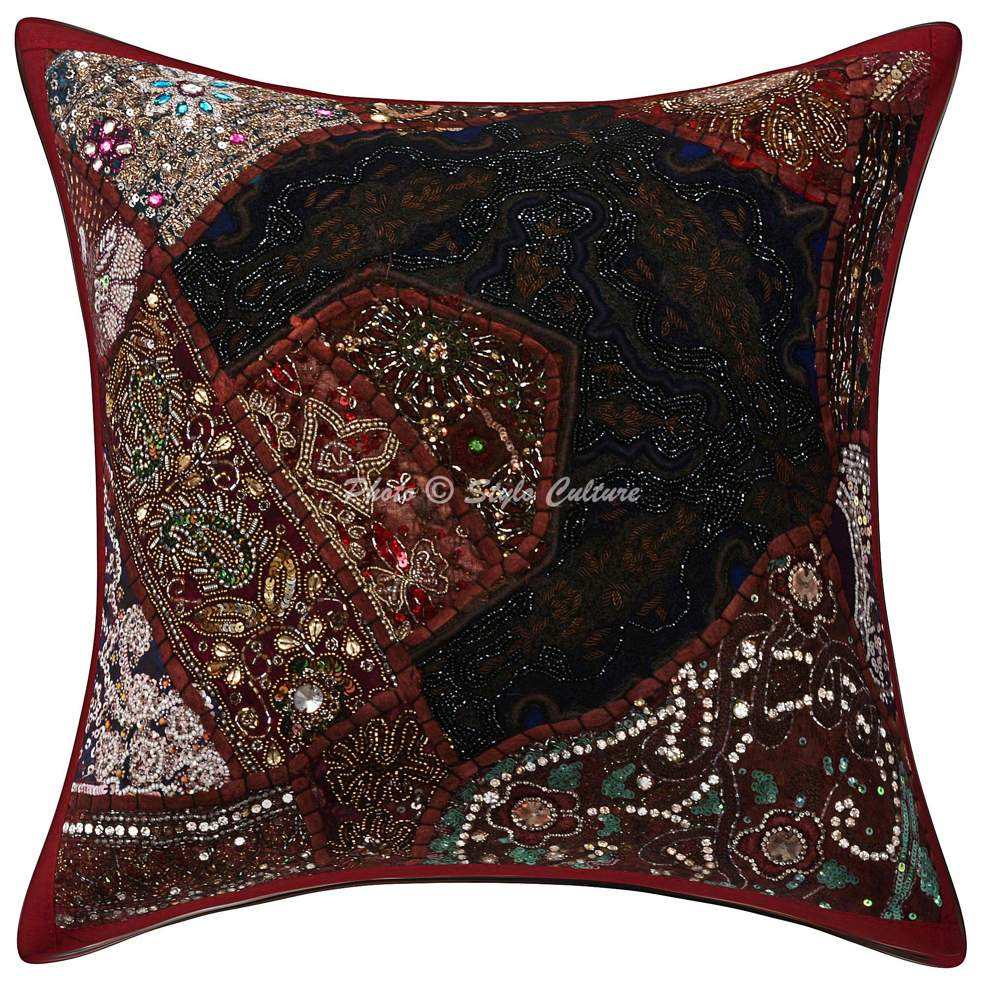Ethnisch Dekorativ Baumwolle Sofa Kissenbezüge 40x40 cm Kastanienbraun Dekokissen Perlenbestickt Patchwork Wohnzimmer Couch Kissenhullen Halsdesign Quadrat Kissen Bezüge - 5 STK.