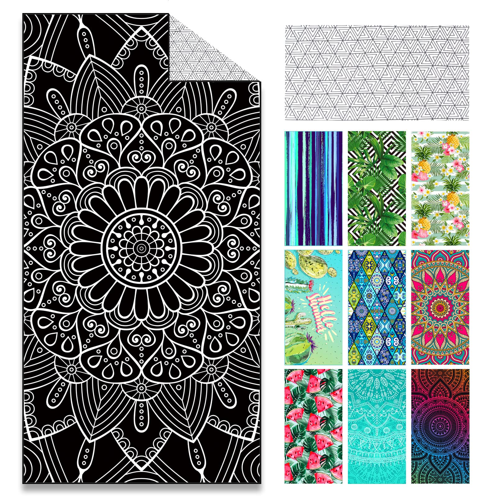 PuravilleQuick Dry Microfiber Beach Towel,Reversible Large Sand Free and Super Absorbent Lightweight Compact Travel Swimming Pool Towel for Adult and Kids,Mandara Black