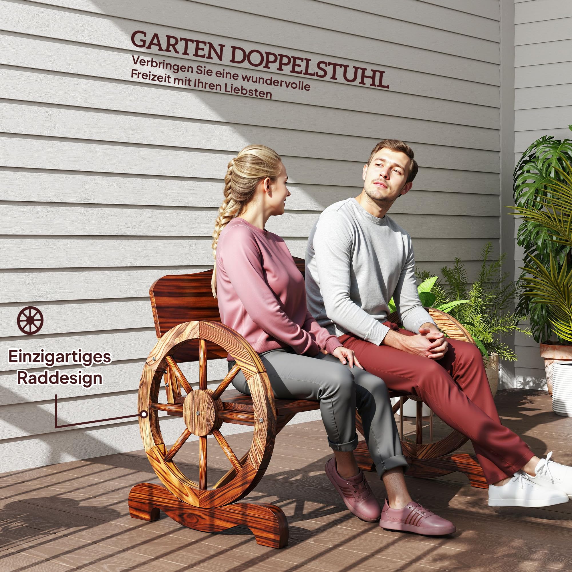 Outsunny Gartenbank Holz, 2-Sitzer Sitzbank mit Rücken- und Armlehnen, Holzbank im Rädernform, wetterfest Parkbank 240kg belastbar, Balkonbank für Balkon Terrasse, Garten, 110 x 55 x 80 cm, Verkohlt