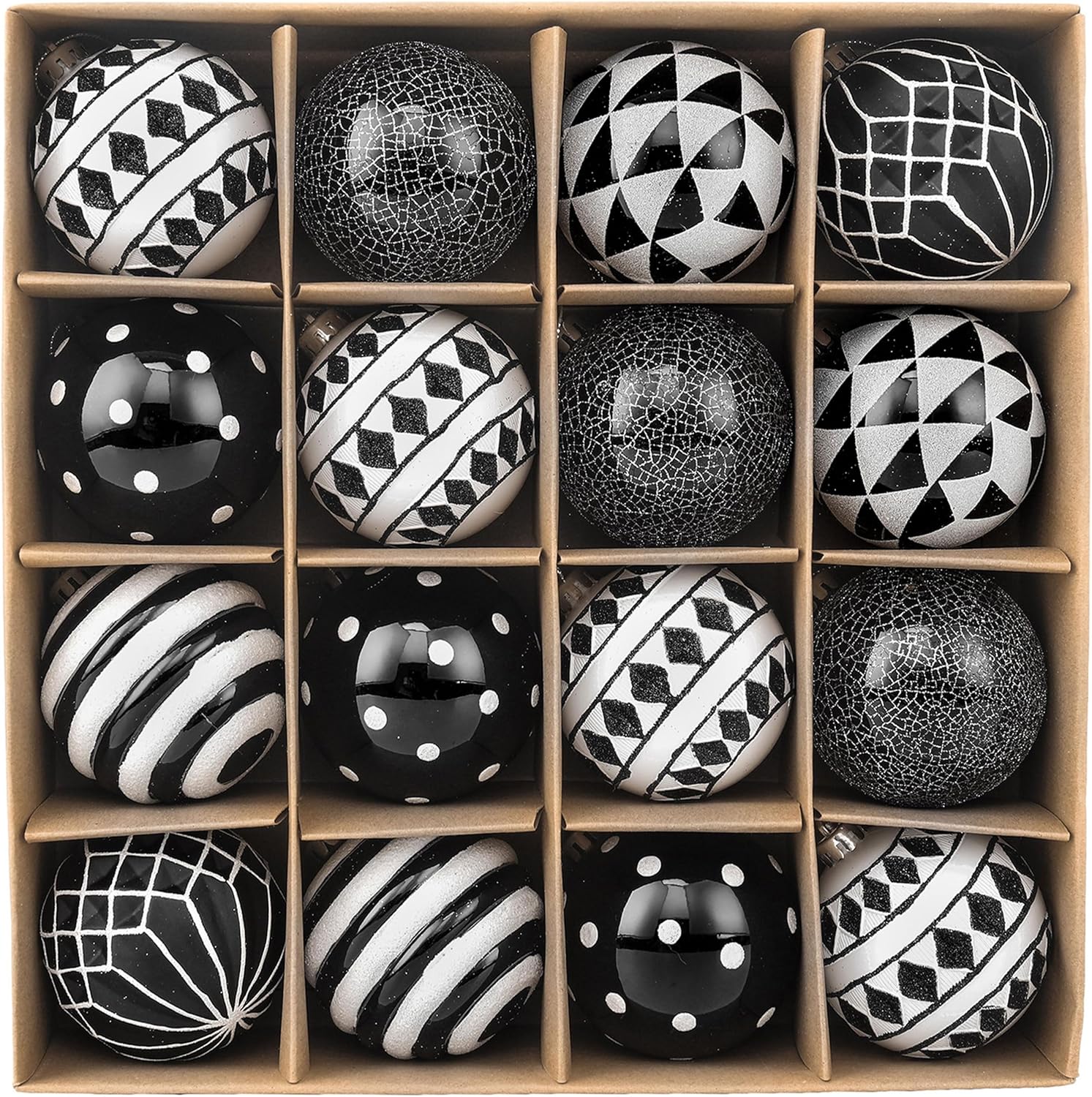Valery Madelyn Large Halloween Ornaments Tree Decorations, 16ct Black White Boho Shatterproof Christmas Ball Ornaments Set, 3.15 Inch Boho Modern Hanging Ornament Bulk for Xmas Holiday Party Decor