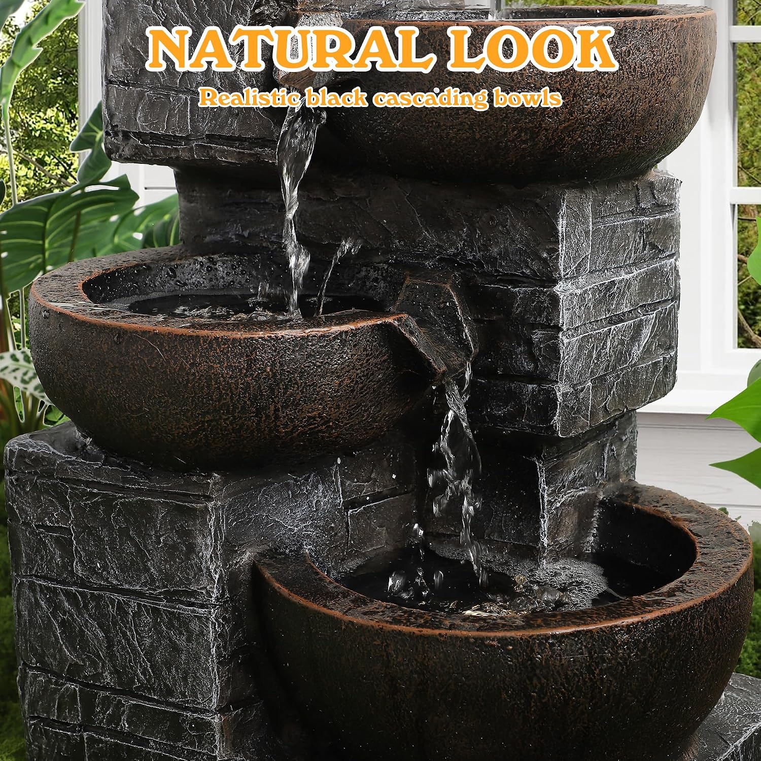Outdoor/Indoor Water Fountain with LED Lights and Pump, 4-Tiers Cascading Bowls and Stacked Stones Garden Fountains Waterfall, Freestanding Resin Fountain for Patio, Garden, Porch (Gray)