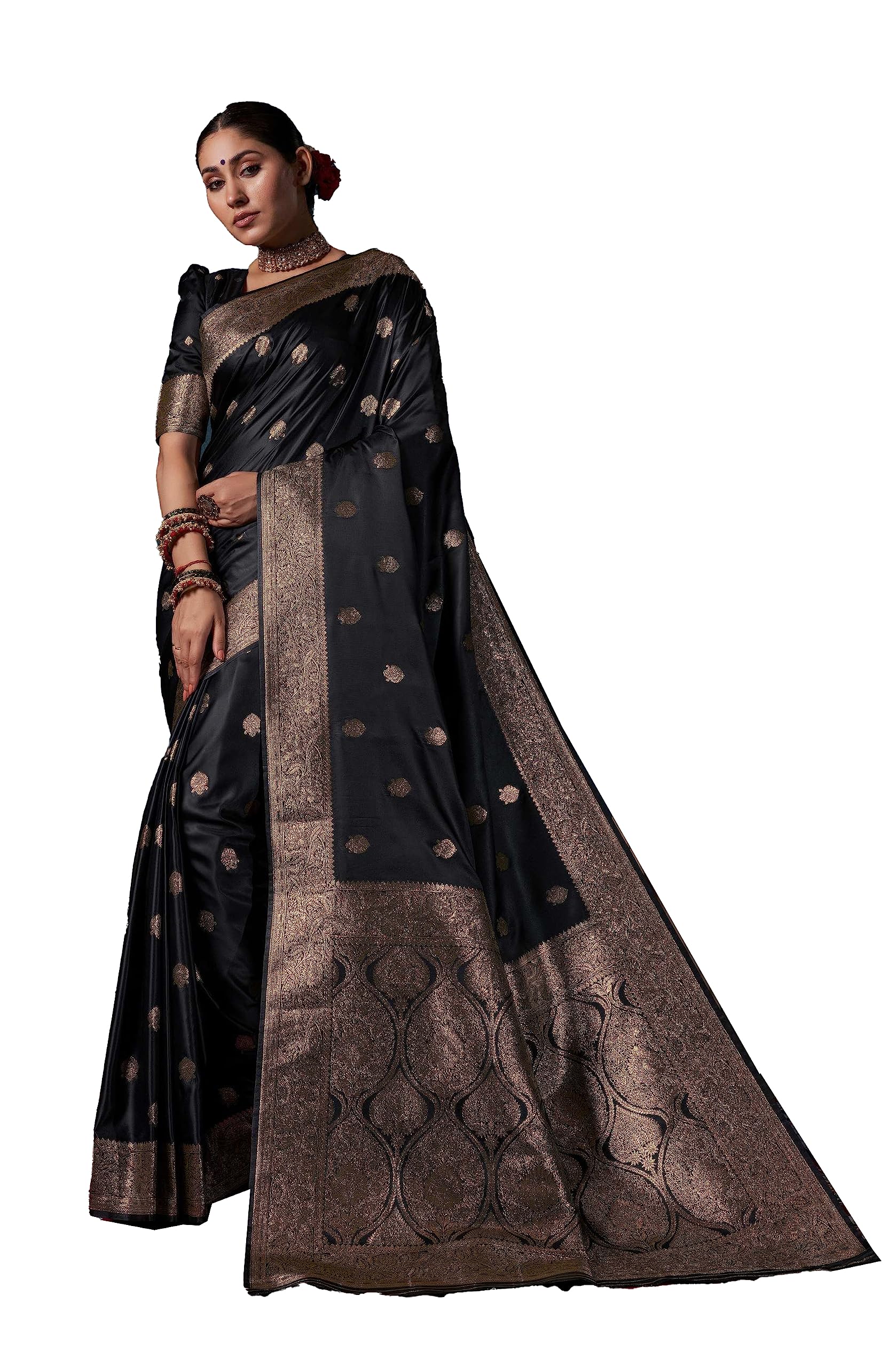 VardhaWomen's Banarasi Satin Silk Saree with Unstitched Blouse Piece - Zari Woven Work Sarees for Wedding (Urvi)